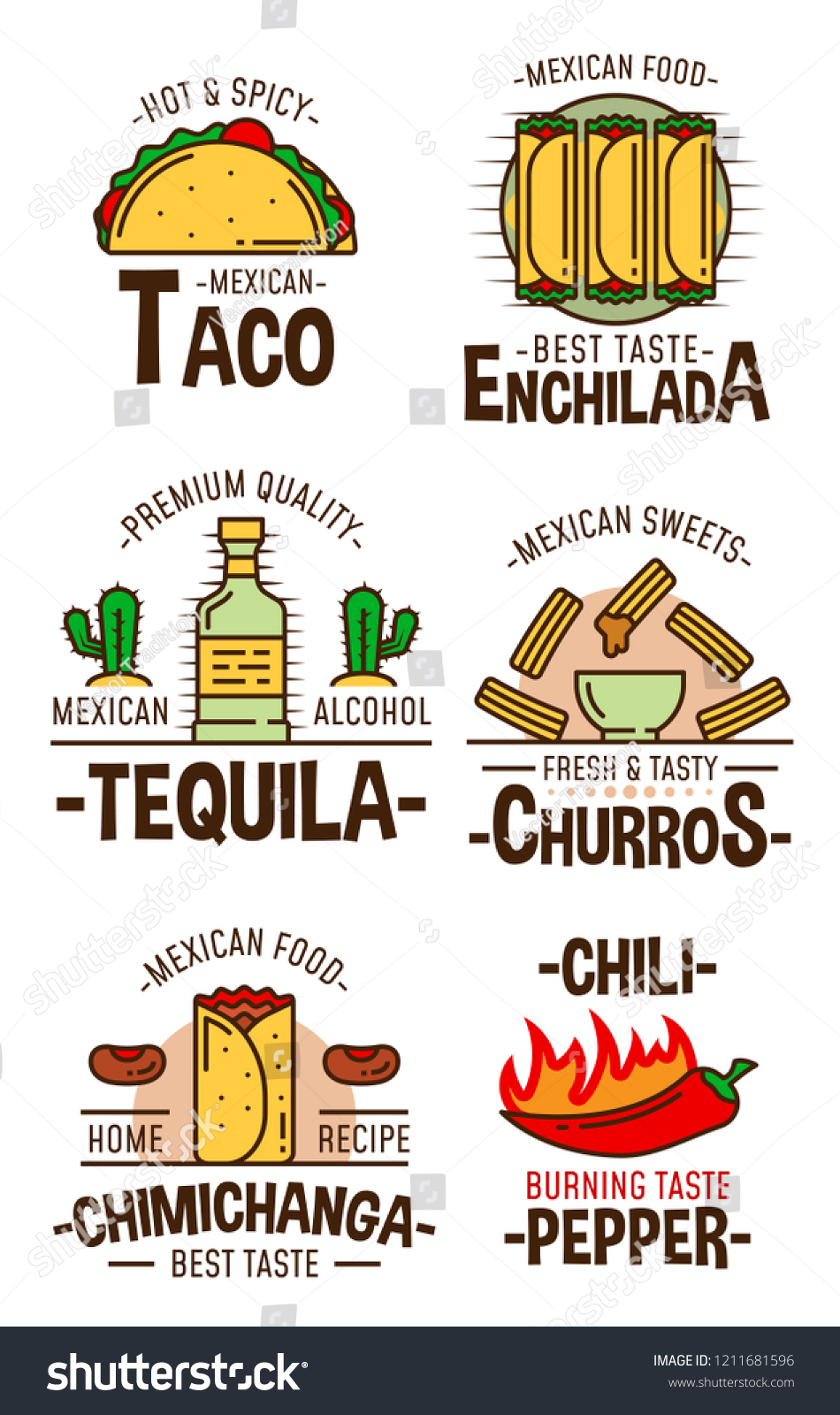 SVG of Mexican food and drink icons. Fast food tacos, enchilada and fried burrito chimichanga, chili pepper, sweet cookie churros and tequila alcohol bottle. Fastfood restaurant and cafe symbols svg
