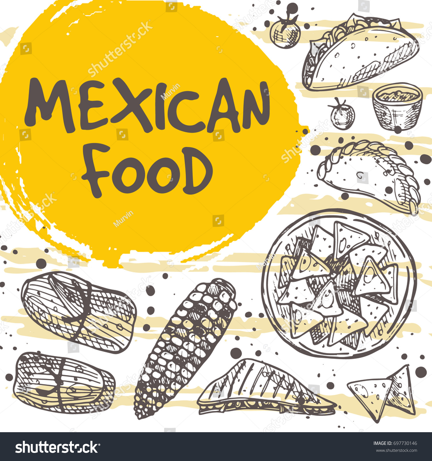 SVG of Mexican food concept design. Retro card. Hand drawn vector illustration. Tamales, corn, nachos, tacos, quesadilla. Can be used for menu, cafe, restaurant, bar, poster, banner, sticker, placard. svg