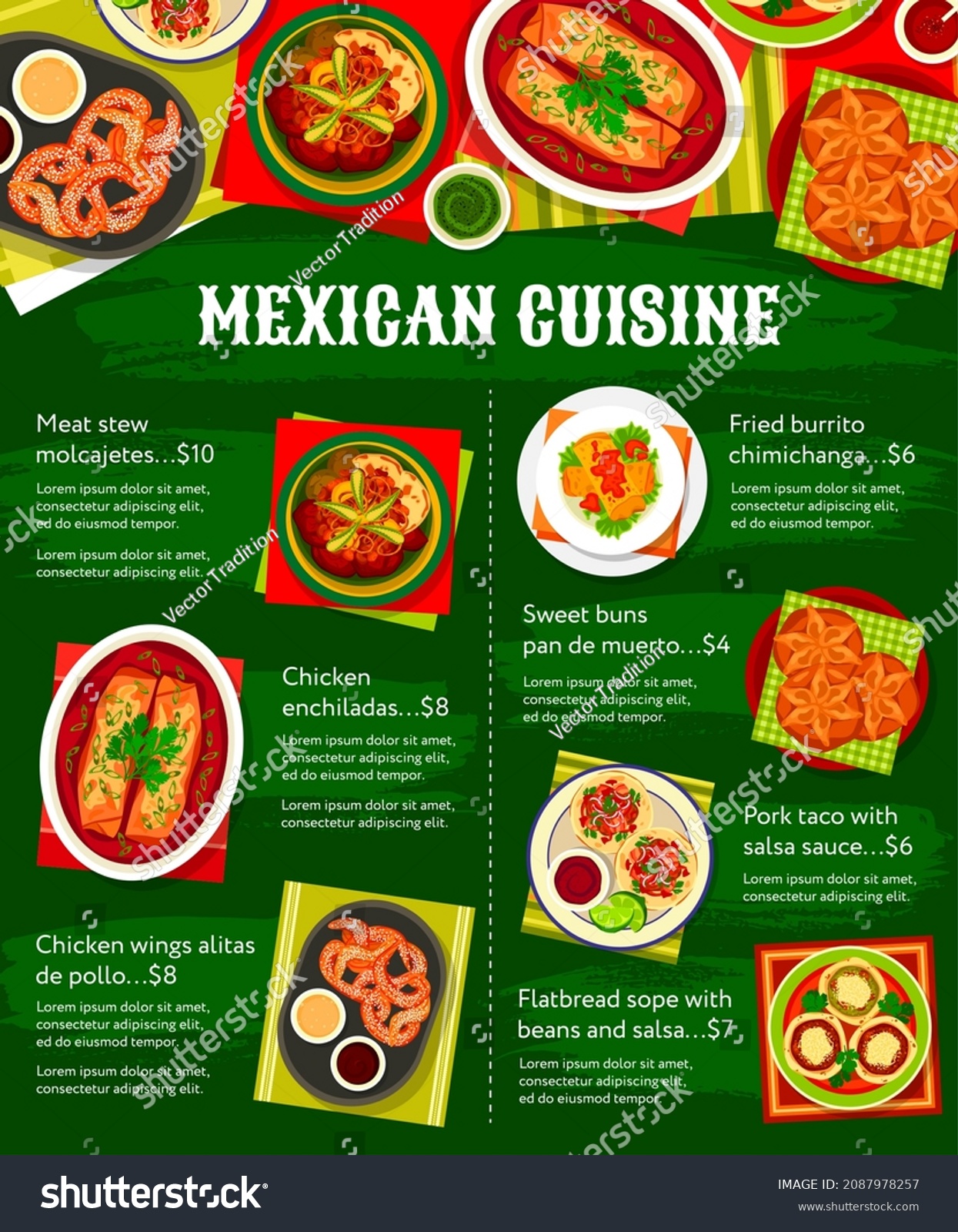 SVG of Mexican food, cuisine dishes and restaurant menu, vector dinner and lunch meals of Mexico restaurant. Mexican cuisine traditional food of meat, chicken enchilada and sweet buns, Latin cuisines svg
