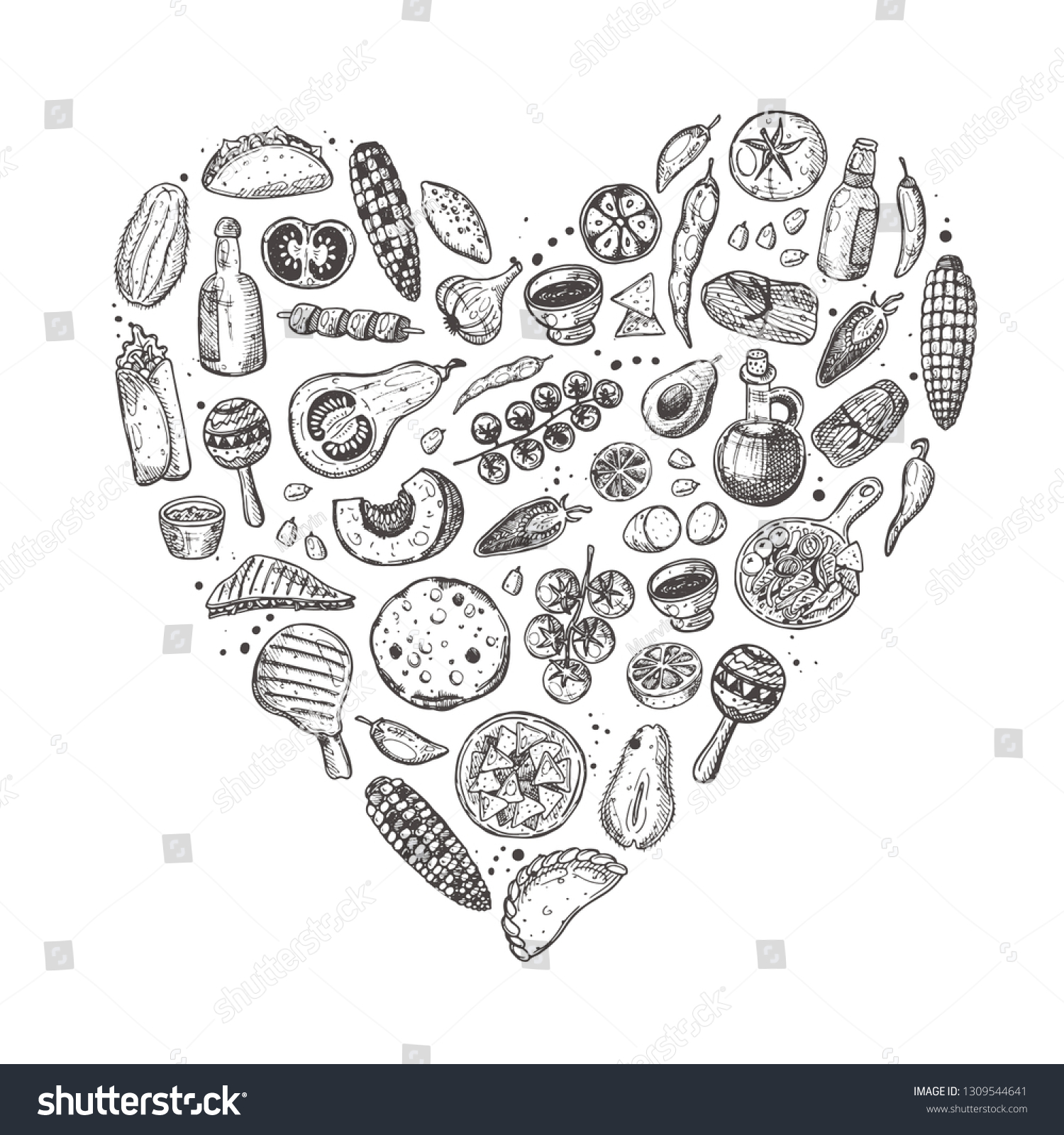 SVG of Mexican food in the shape of a heart. National cuisine. Hot and tasty. Hand drawn vector illustration. Can be used for cafe, market, shop, barbeque, bar, restaurant, poster, label, sticker, logo svg