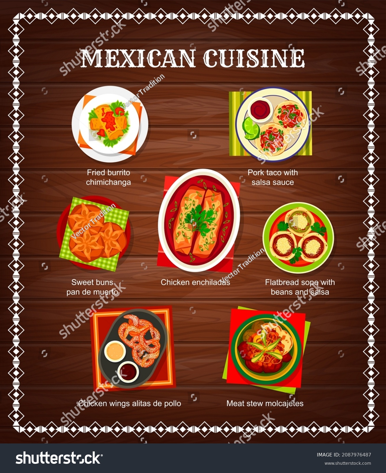 SVG of Mexican food menu, Mexico cuisine dishes and salsa for tacos and burritos, vector. Mexican cuisine restaurant menu of traditional food meals, meat stew, fried chicken chimichanga and sweet buns svg