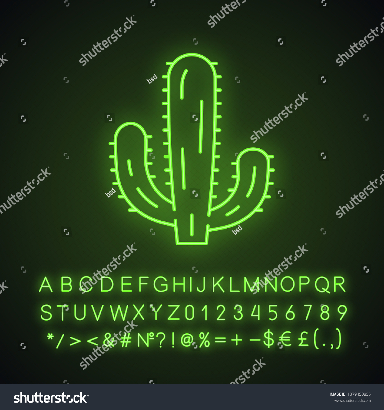 SVG of Mexican giant cactus neon light icon. Cardon. Elephant cactus. Mexican flora. Tallest cacti. Glowing sign with alphabet, numbers and symbols. Vector isolated illustration svg