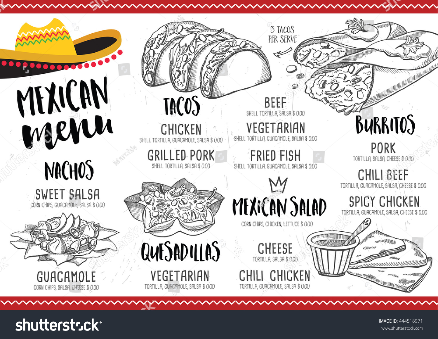 Mexican Menu Placemat Food Restaurant Menu Stock Vector (Royalty Free