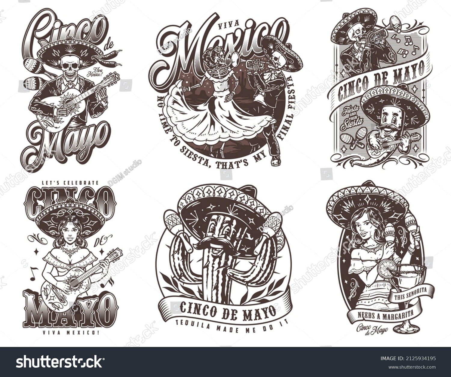 Mexican Performers Monochrome Vintage Emblems Set Stock Vector Royalty Free 2125934195