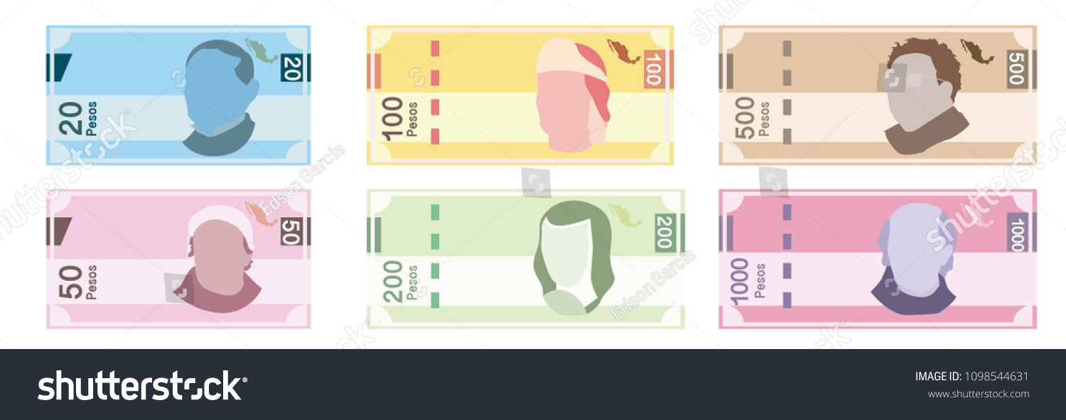 SVG of Mexican pesos, bills of 20, 50, 100, 200, 500. Billetes mexicanos, spanish text svg