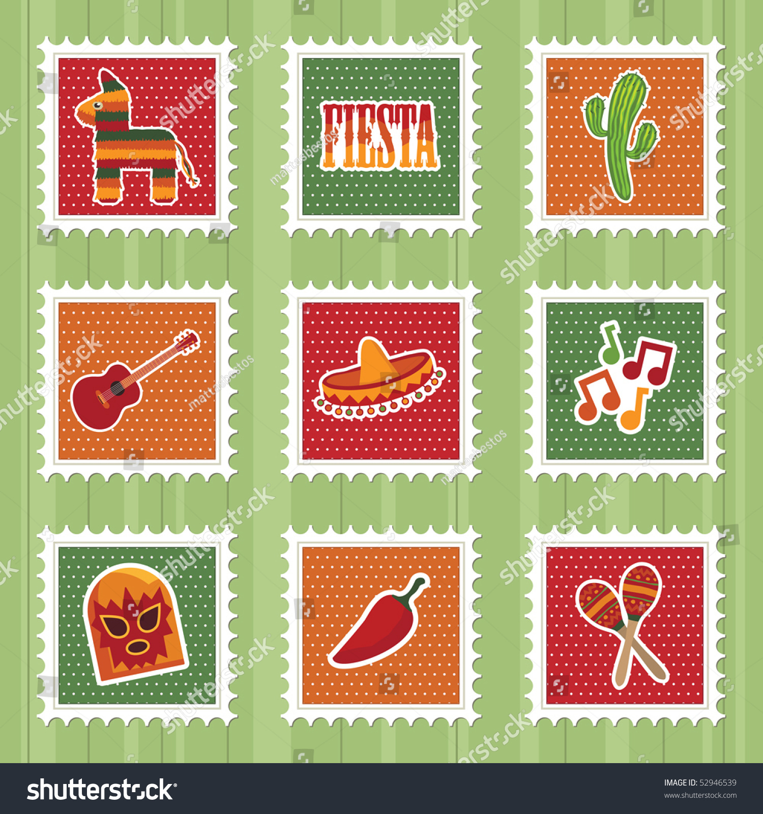 Mexican Stamps Motifs Red Green Orange Vector De Stock Libre De