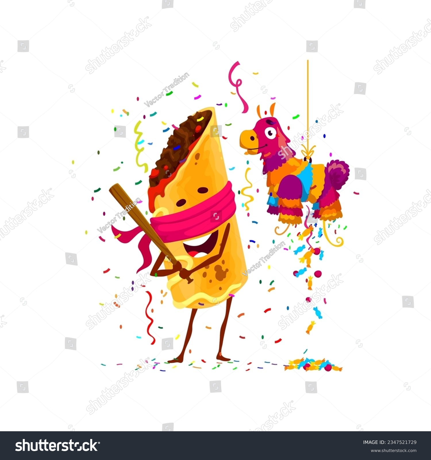 SVG of Mexican tex mex chimichanga character on holiday party. Isolated vector food personage hitting festive pinata donkey with bat admist falling colorful confetti during birthday or carnival celebration svg
