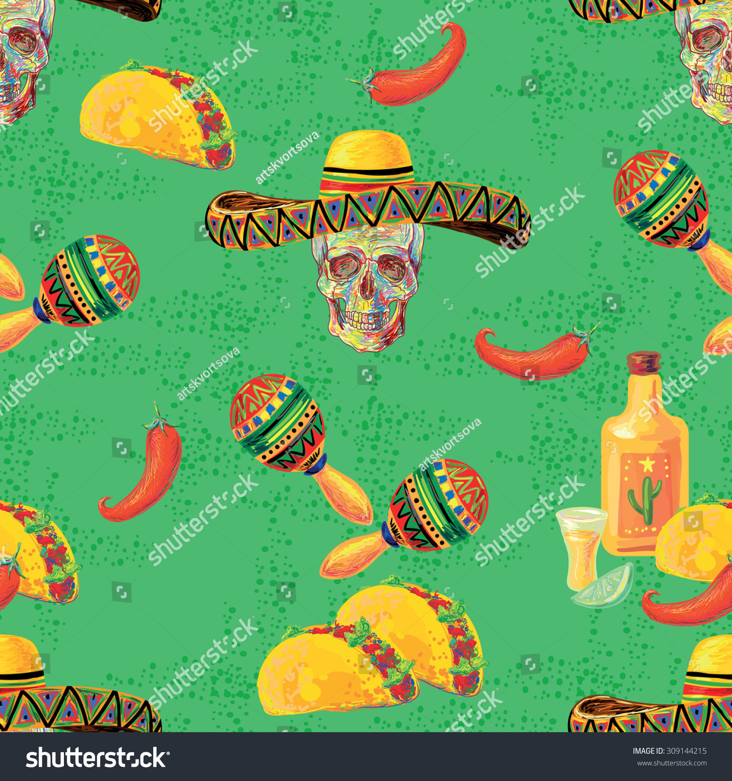 Mexican Vector Seamless Music Pattern With Skull, Sombrero Hat, Maracas ...