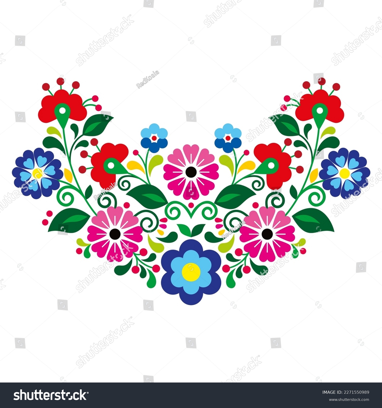 SVG of Mexican vibrant folk art style vector pattern with flowers, half wreath shaped floral design inspired by traditional embroidery from Mexico. Decorative ornament with vibrant flowers, leaves and swirls svg