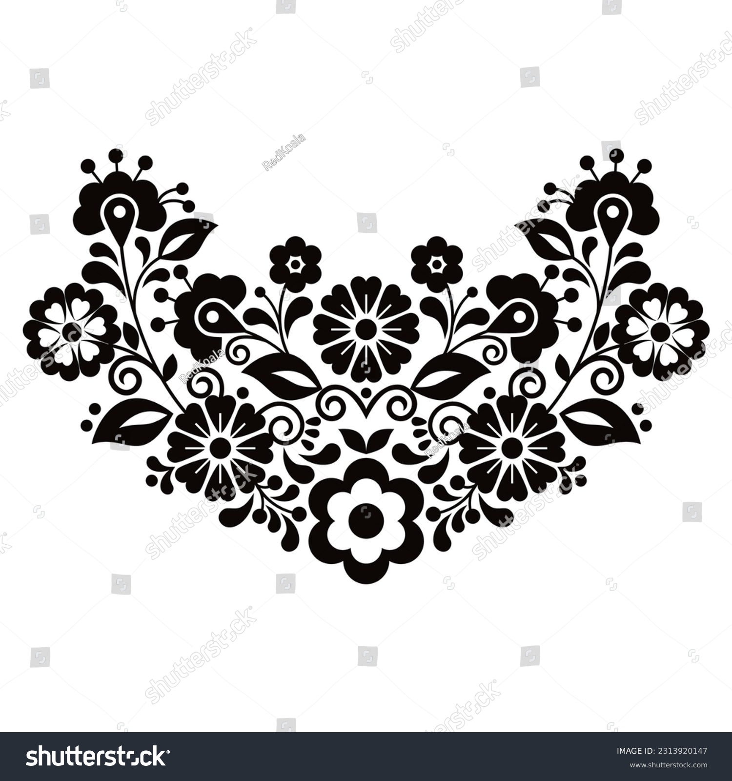 SVG of Mexican vibrant folk art style vector pattern with flowers, half wreath shaped floral design inspired by traditional embroidery from Mexico in black and white. Decorative ornament with monochrome  svg