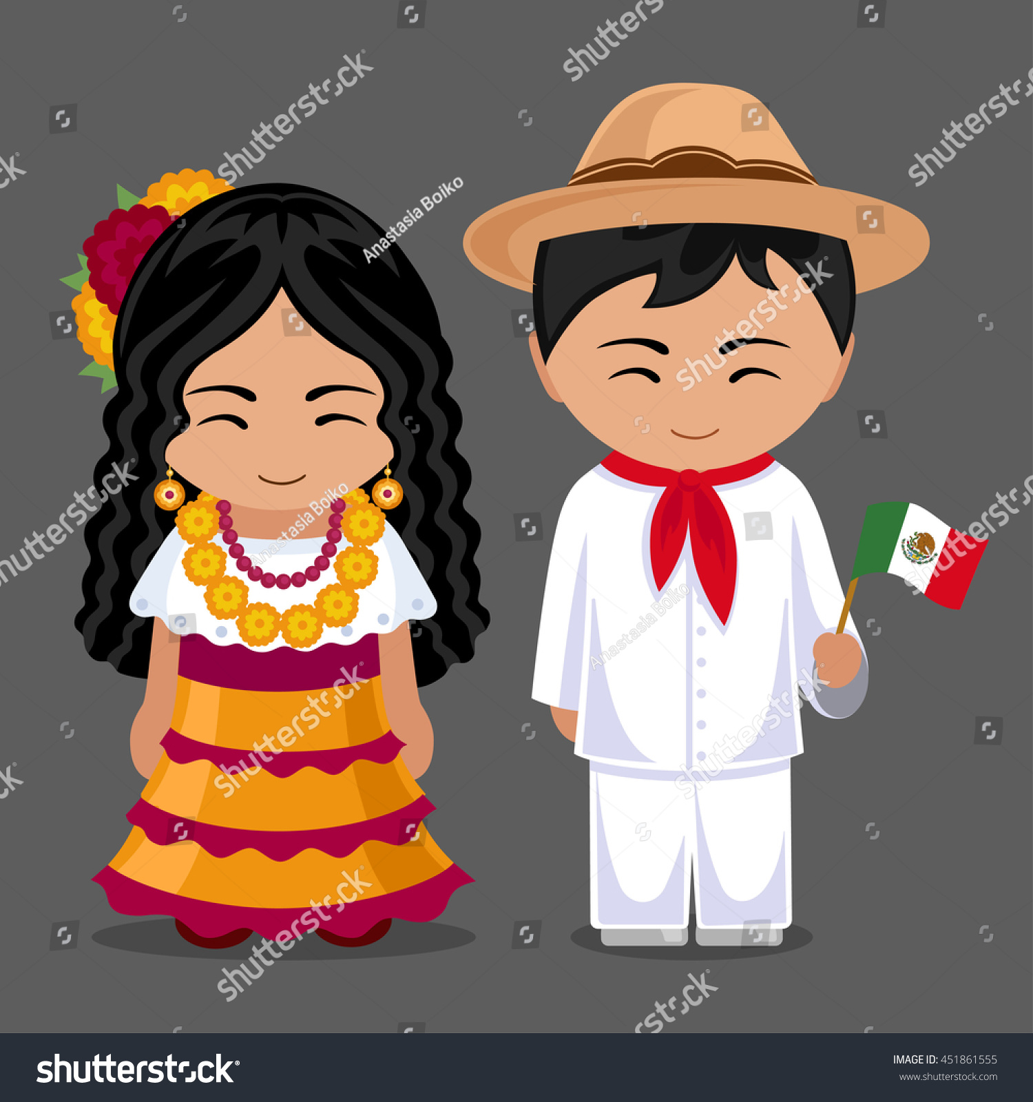 国旗のある国民服を着たメキシコ人 伝統衣装を着た男女 メキシコへ旅行 人 ベクターフラットイラスト のベクター画像素材 ロイヤリティフリー