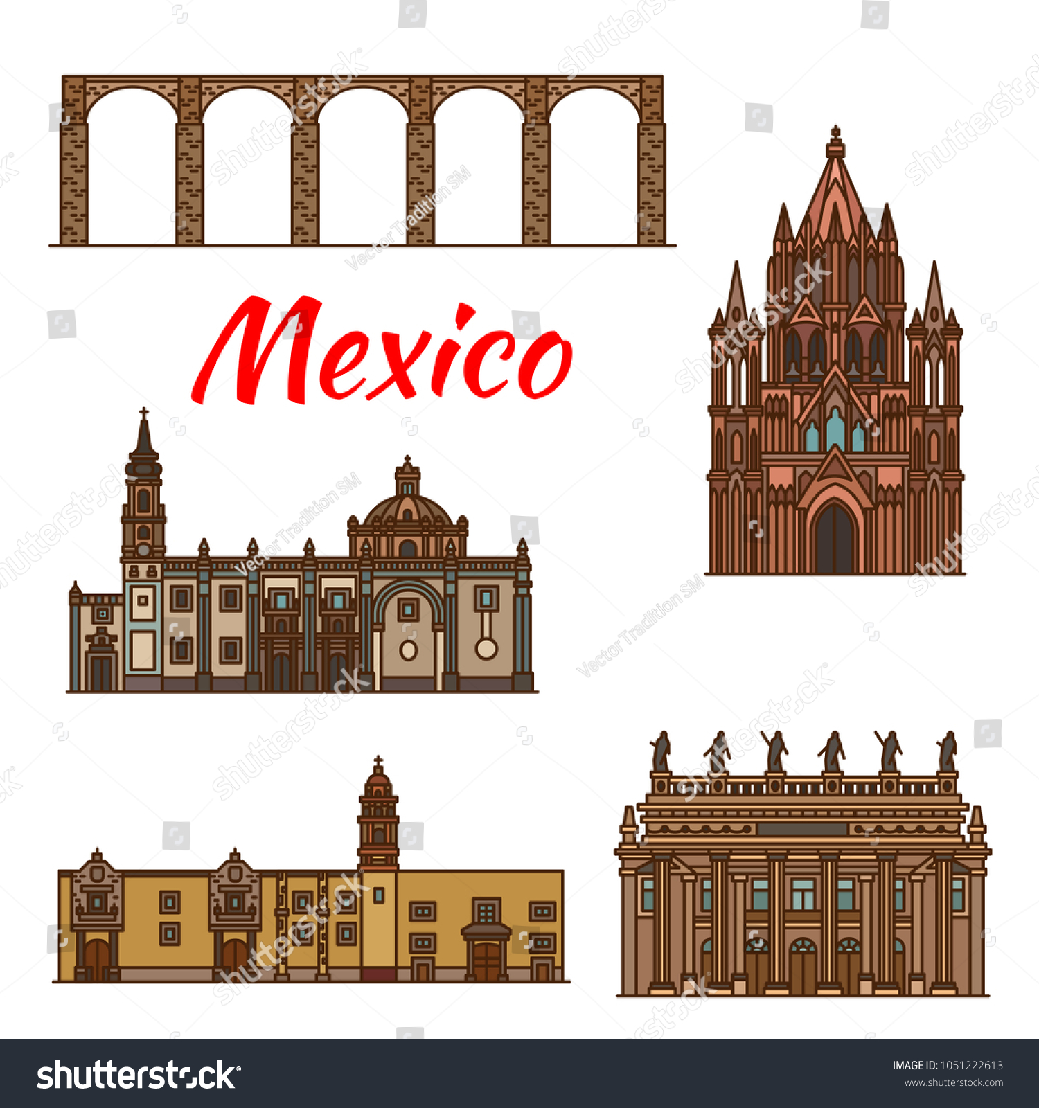 SVG of Mexico architecture landmarks and famous buildings facade line icons. Vector set of Mexican aqueduct, churches, cathedrals and monastery of Santa Rosa de Viterbo and Juarez theater in Guanajuato svg