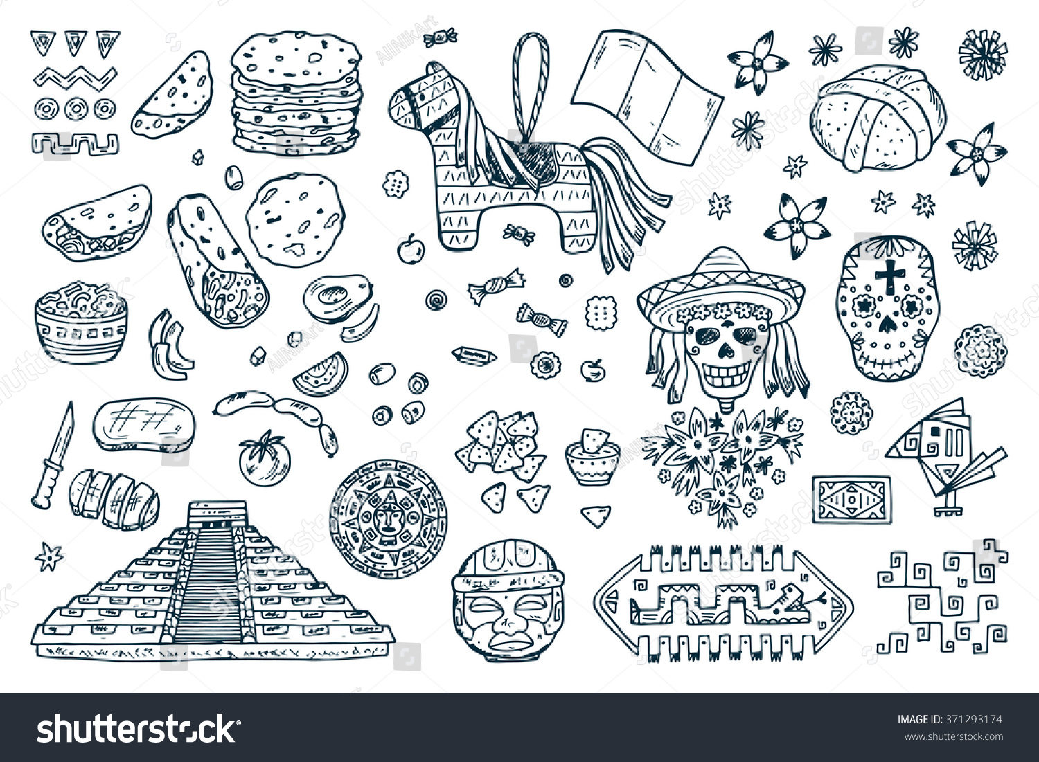 Mexico Vector Set Mexican Items Hand Stock Vector Royalty Free 371293174