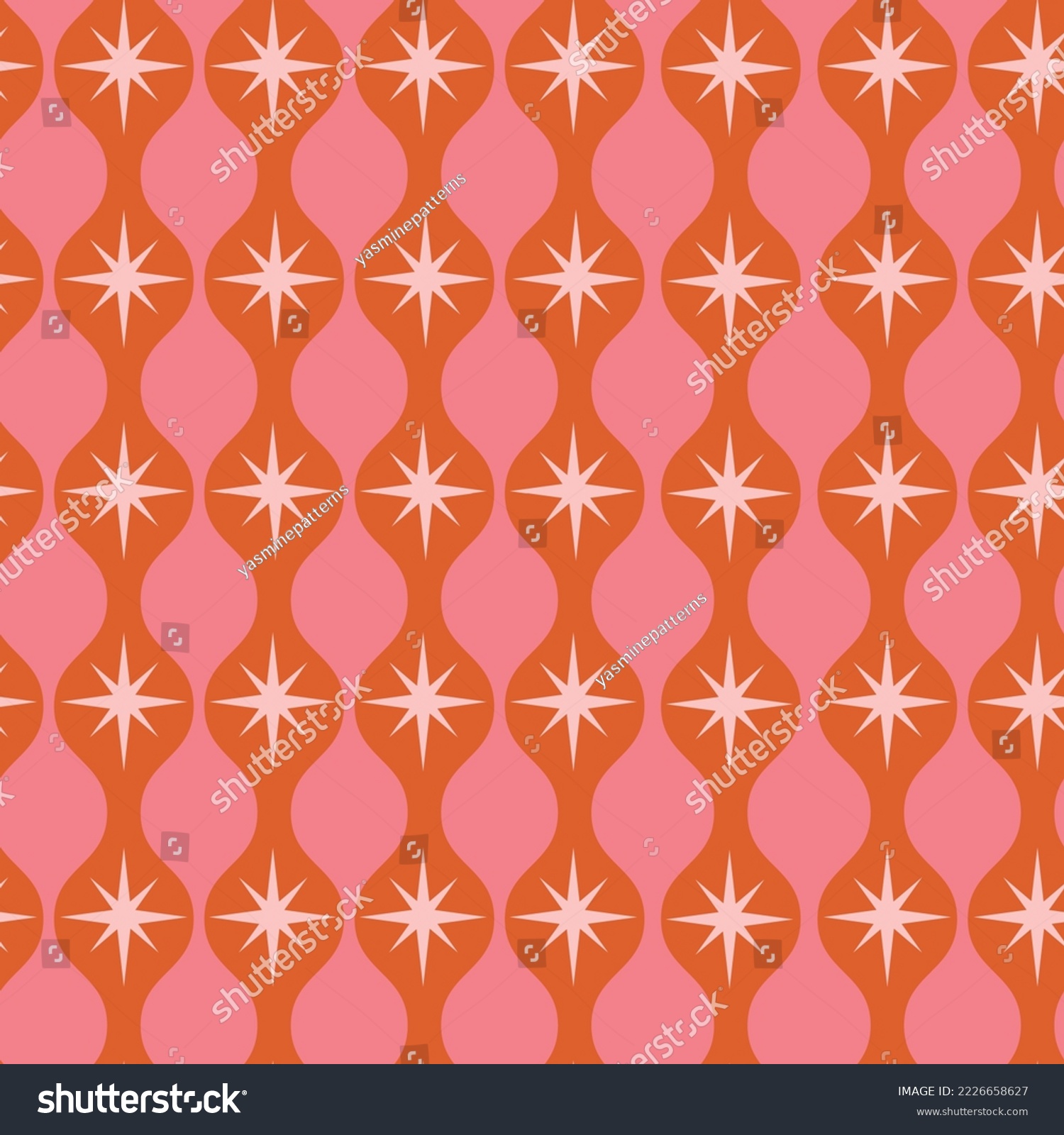 SVG of Mid Century atomic starburst on orange ogee seamless pattern on pink background. For textile, retro backgrounds and home Décor svg