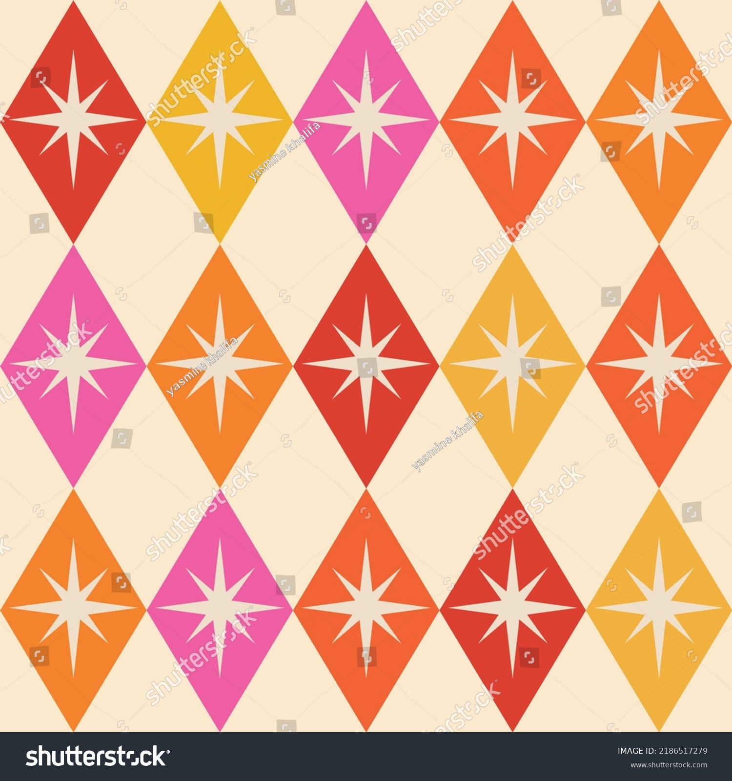 SVG of Mid century atomic starbursts over diamond argyle shapes in pink, orange, yellow and red. For textile, fabric, home décor and wallpaper	 svg
