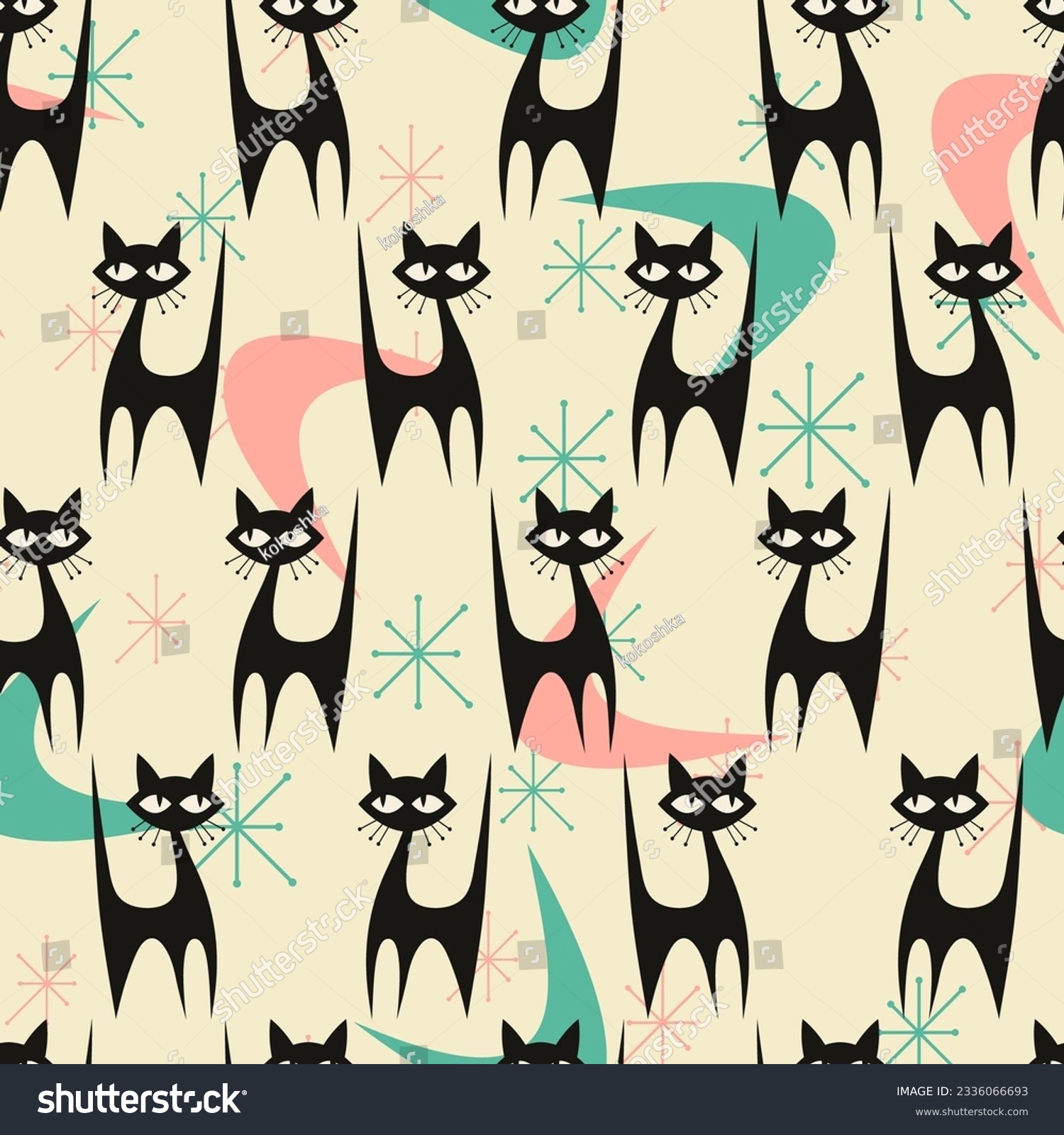 SVG of Mid Century colorful Modern Cat Silhouette with Atomic age Starbursts. Vector seamless background in fifties style. svg