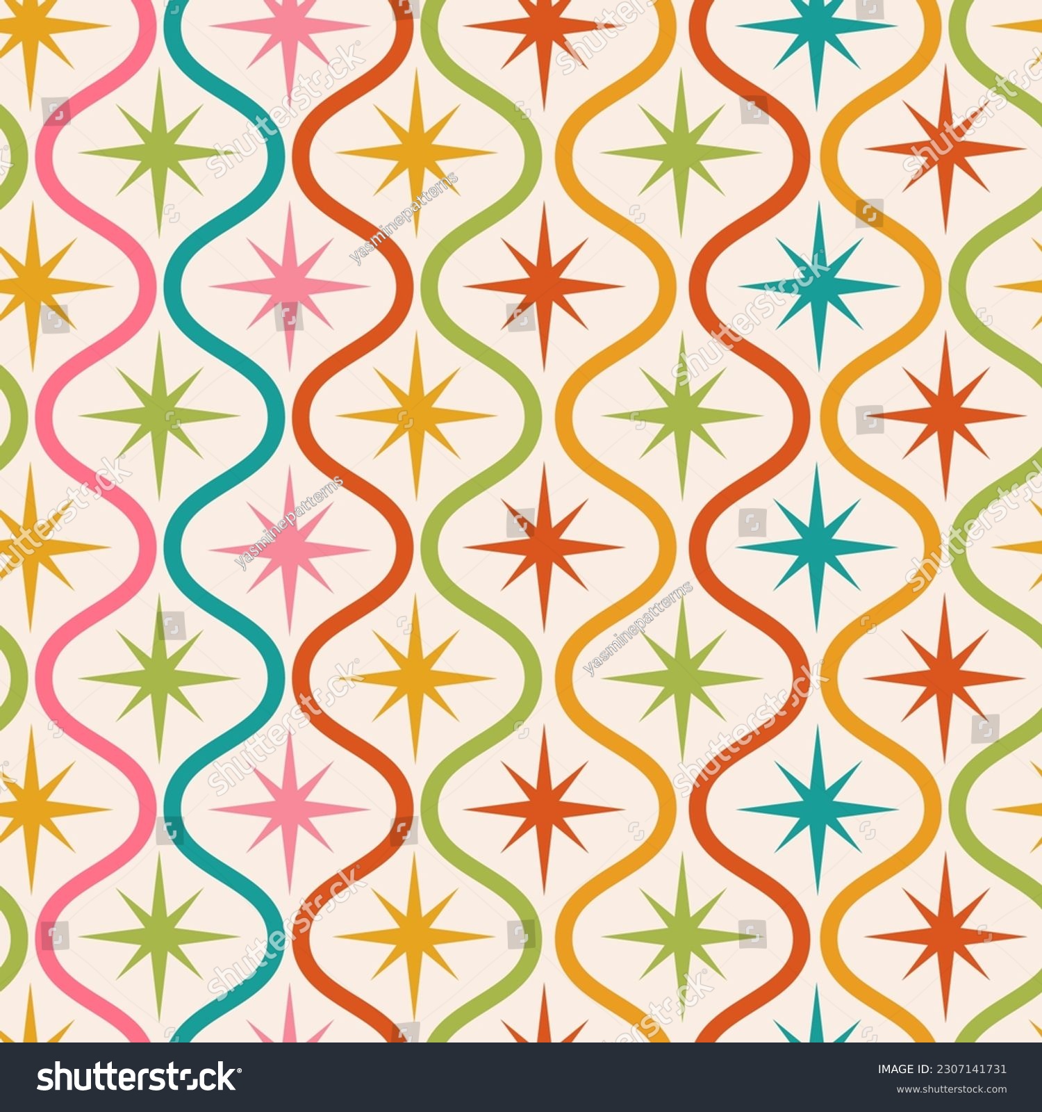 SVG of Mid century colorful starbursts on ogee shapes seamless pattern. For home décor, wallpaper, retro posters, textile and fabric svg