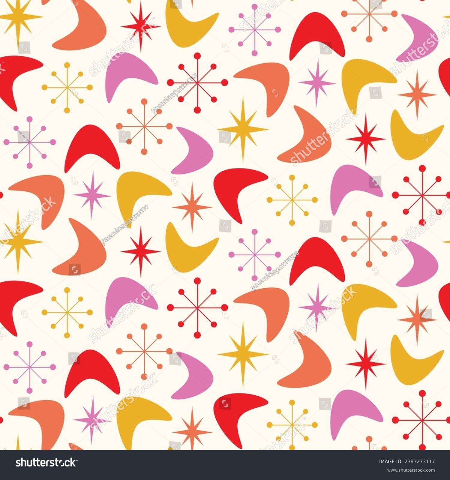 SVG of Mid Century Modern Boomerang seamless pattern with atomic retro starbursts in orange, red, pink and yellow on white background. For home decor, textile, wallpaper and fabric. svg