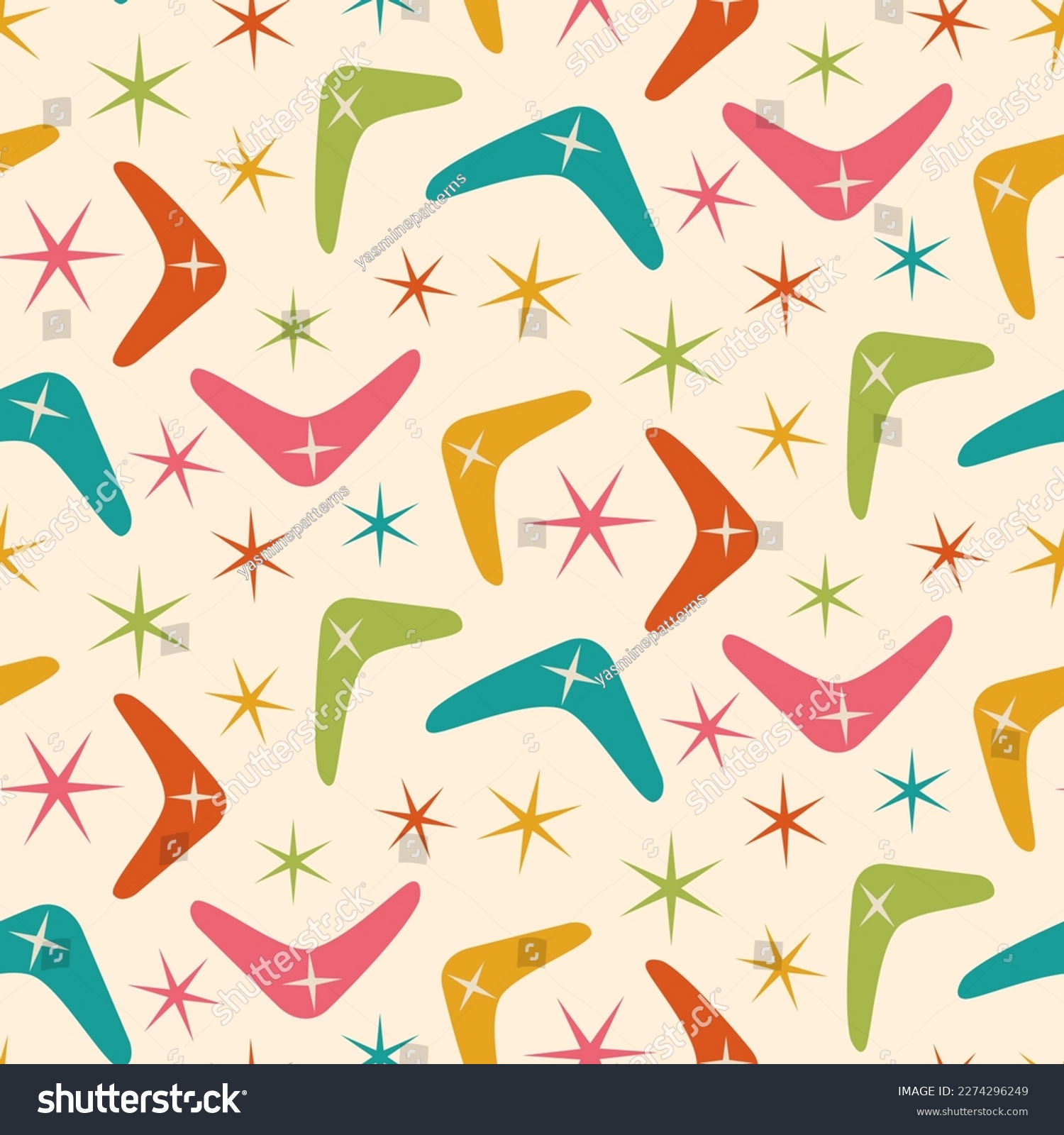 SVG of Mid Century Modern Boomerang seamless pattern with atomic retro stars in orange, teal, green, pink and yellow. For home decor, textile, wallpaper and fabric. svg