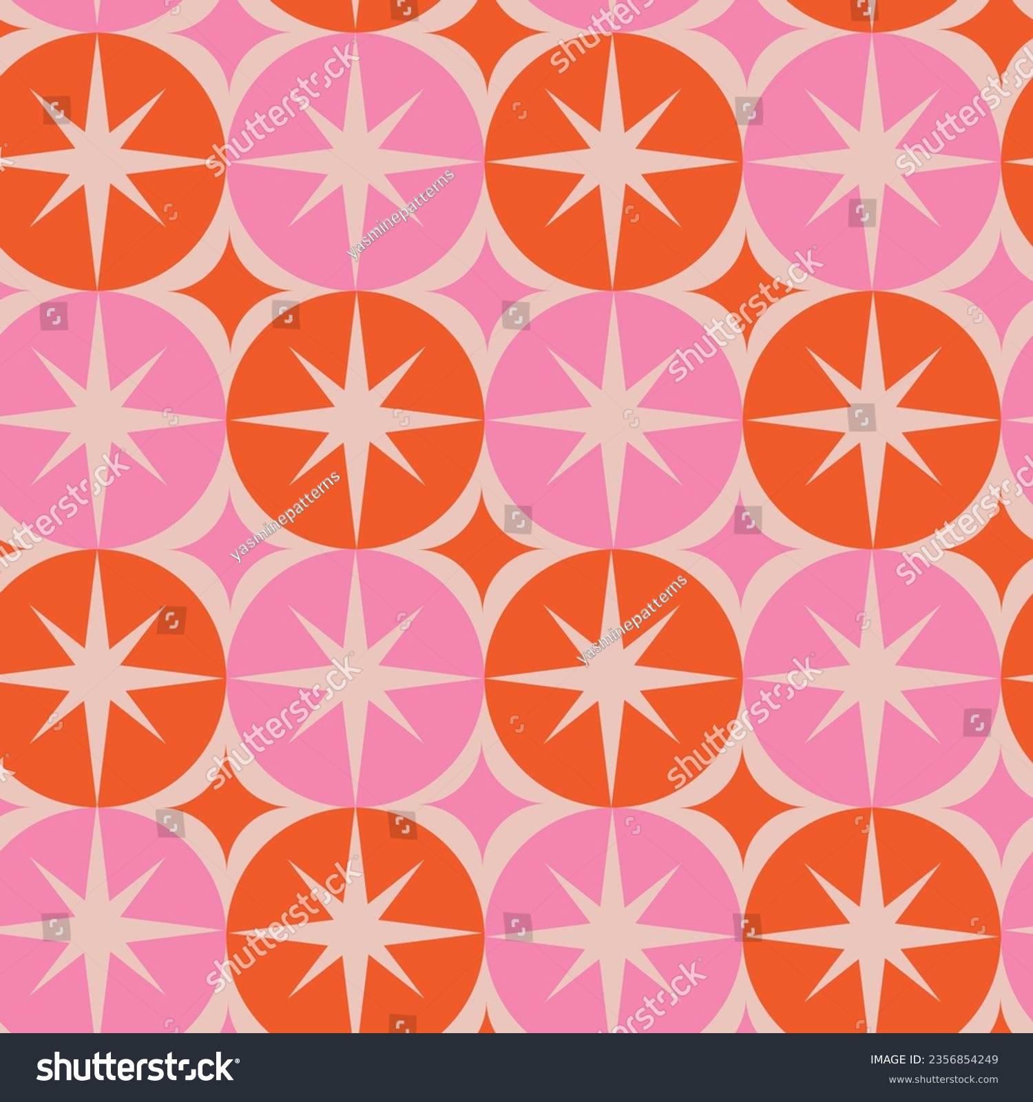 SVG of Mid Century Modern Groovy white starbursts on pink and orange big circles seamless pattern. For home décor, textile and wallpaper.  svg