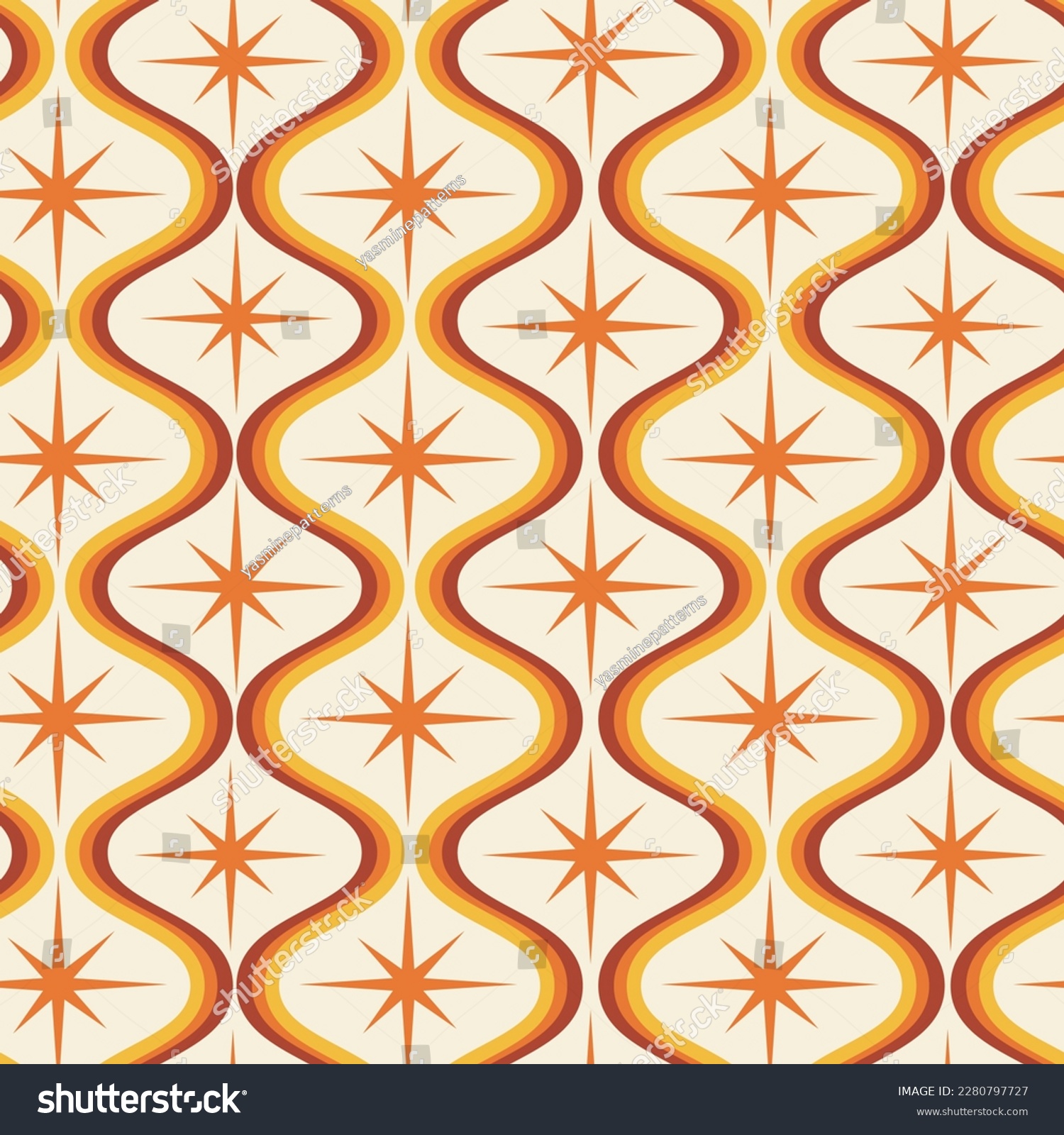 SVG of Mid century modern orange atomic starburst on ogee oval shapes seamless pattern in orange, yellow and burgundy. For textile, home decor, wallpaper and fabric svg
