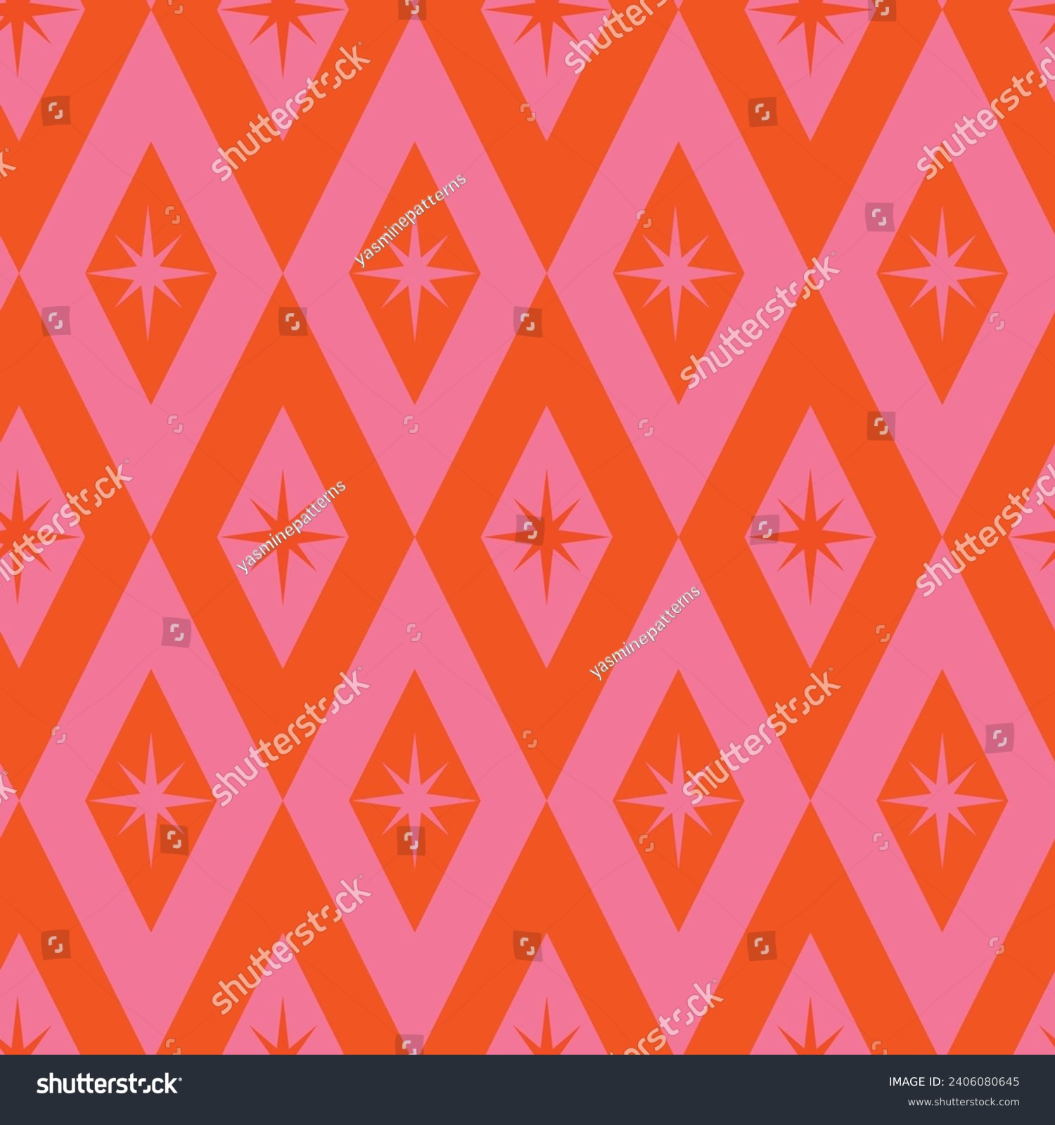 SVG of Mid Century starbursts on pink and orange diamond shapes seamless pattern. For wallpaper, textile, home décor and fabric  svg