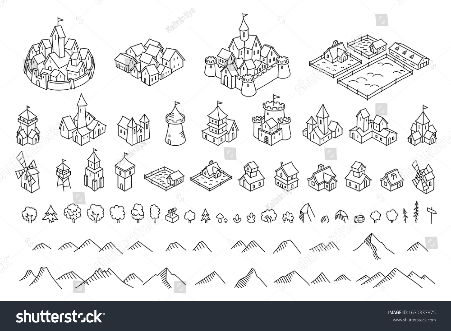 SVG of Middle Ages city map kit. Buildings set. Medieval fantasy sketch. Mountains and trees. Selection for board game. Hand drawn vector black line. svg