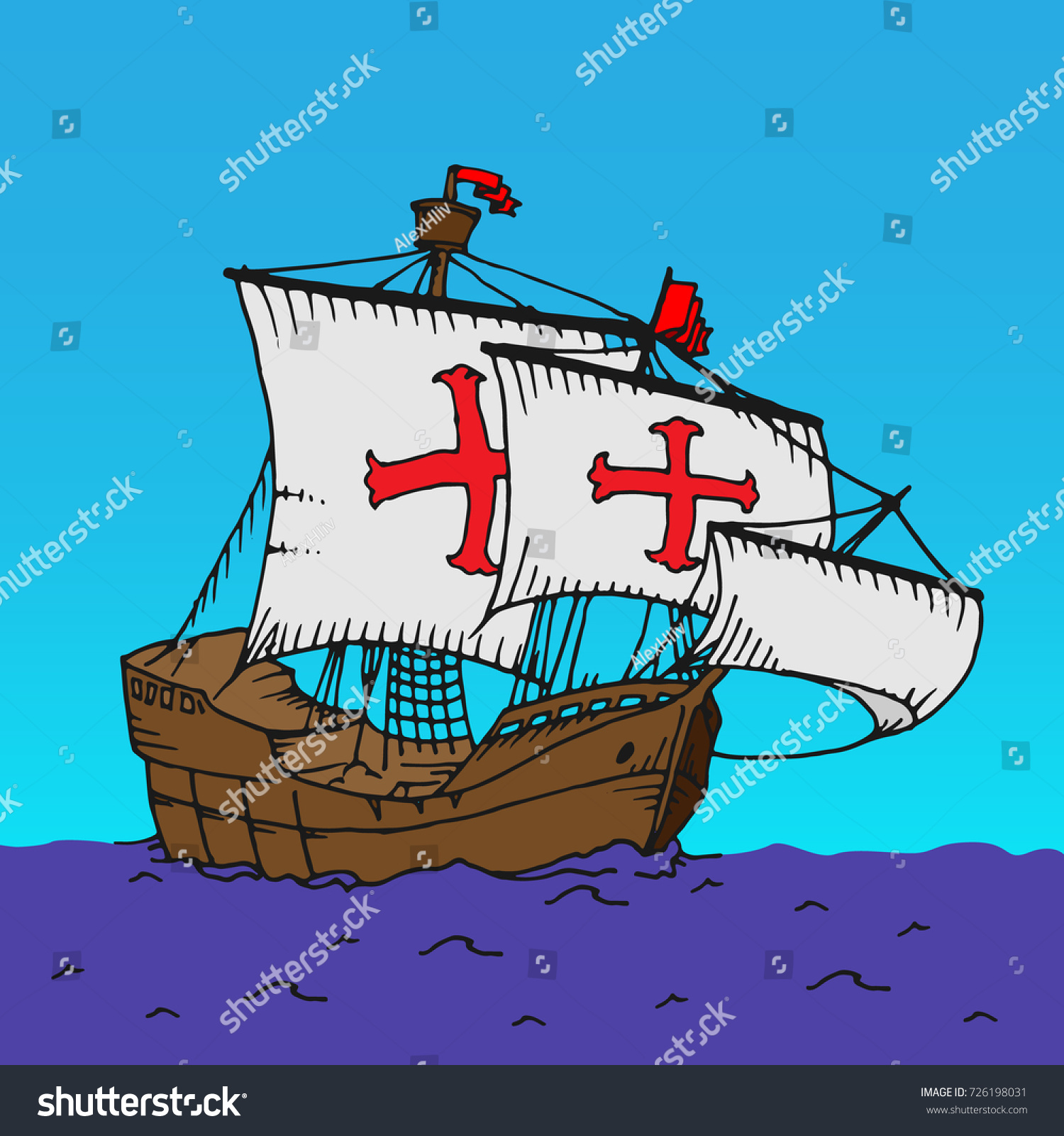 Midle Ages Ship Red Crosses Hand Stock Vector (Royalty Free) 726198031