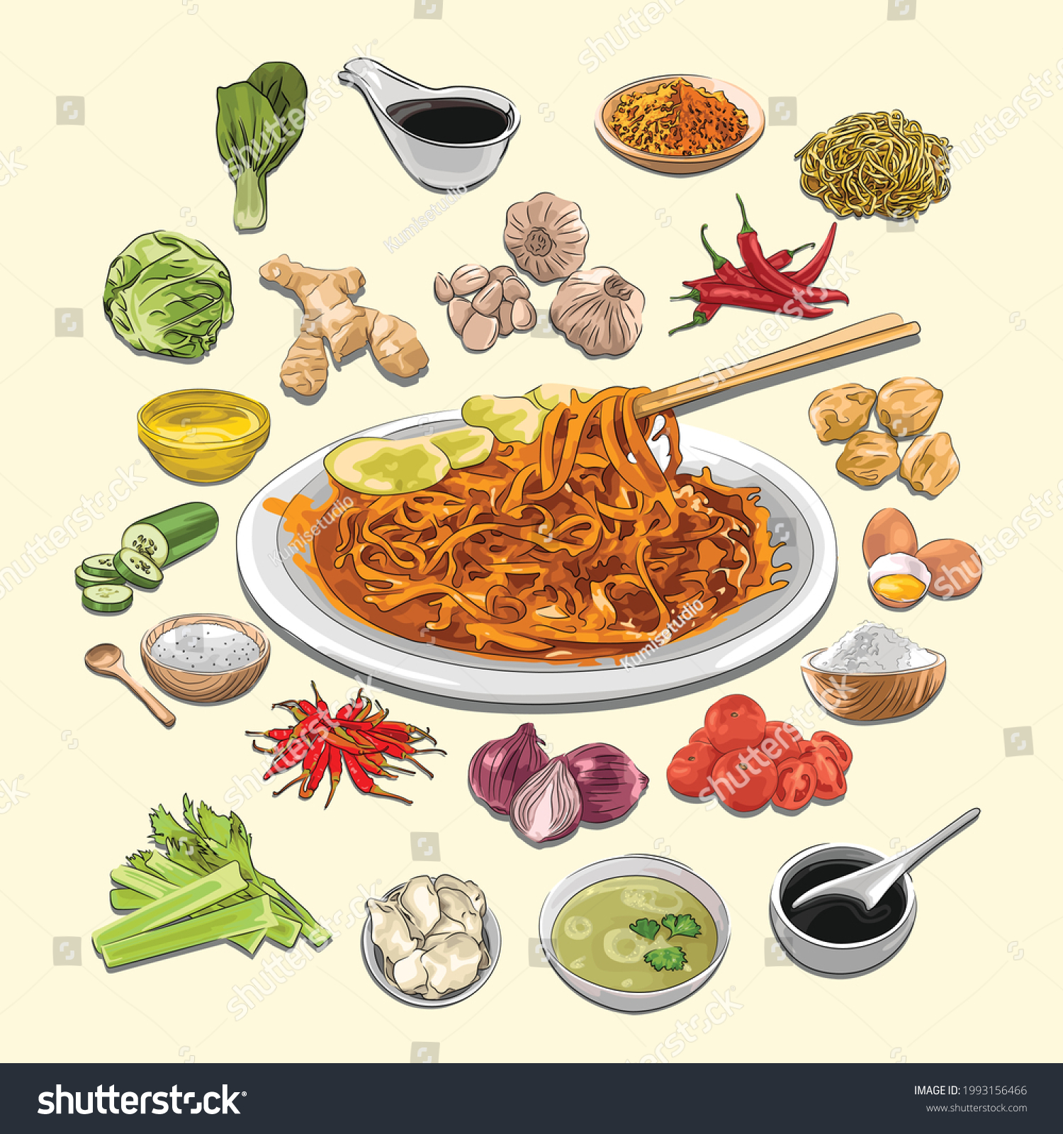 SVG of Mie Aceh And Ingredients Illustration, Sketch And Vector Style, Traditional Food From Aceh, Good to use for restaurant menu, Indonesian food recipe book, and food content. svg
