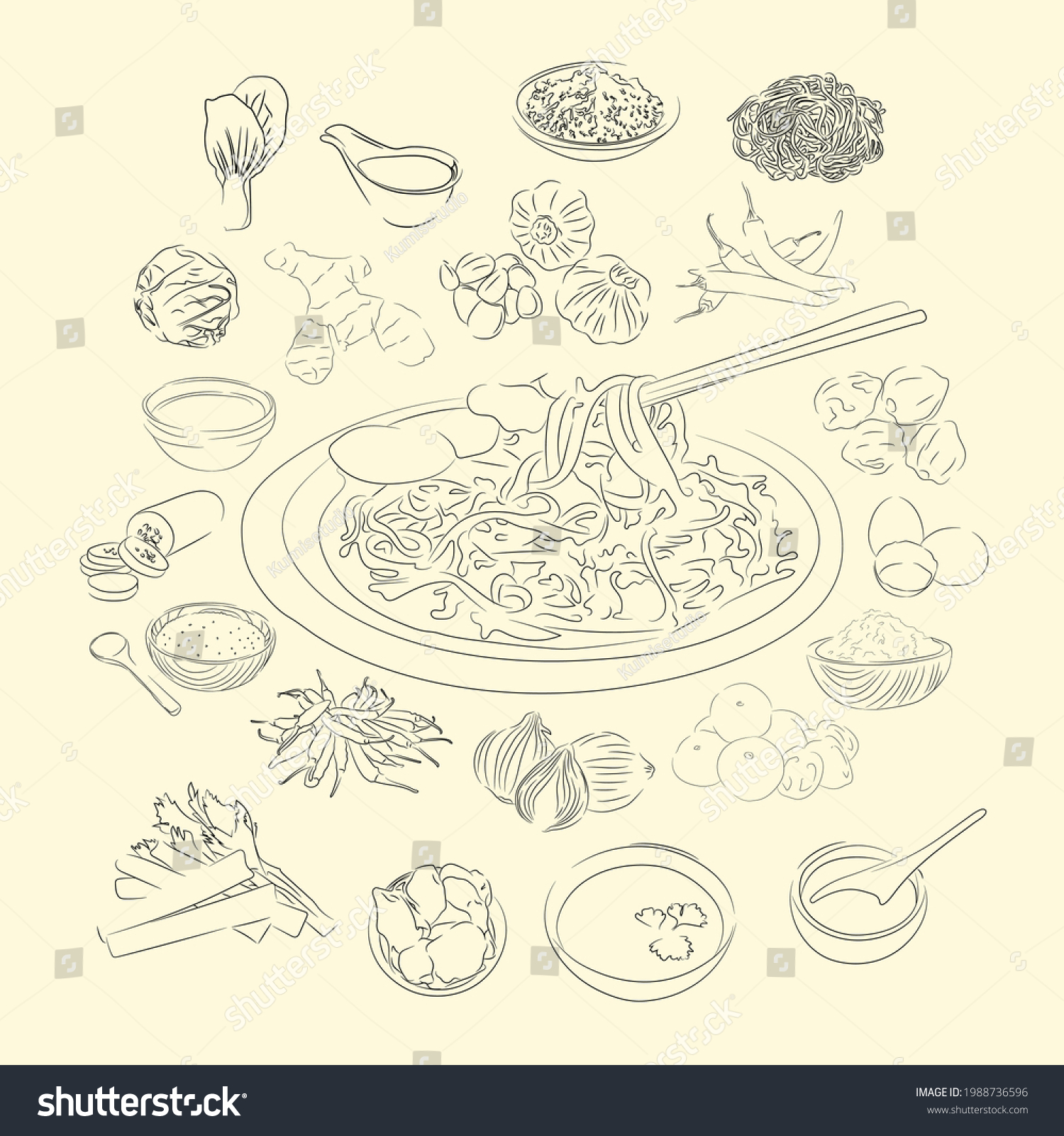 SVG of Mie Aceh And Ingredients Illustration Sketch Style, Traditional Food From Aceh, Good to use for restaurant menu, Indonesian food recipe book, and food content. svg