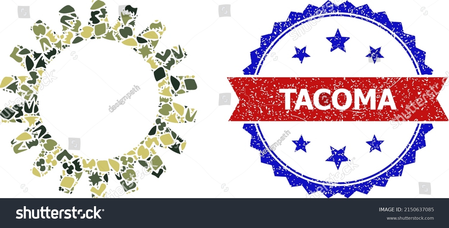 SVG of Military camouflage composition of gearwheel icon, and bicolor grunge Tacoma seal. Vector seal with Tacoma text inside red ribbon and blue rosette, unclean bicolored style. svg