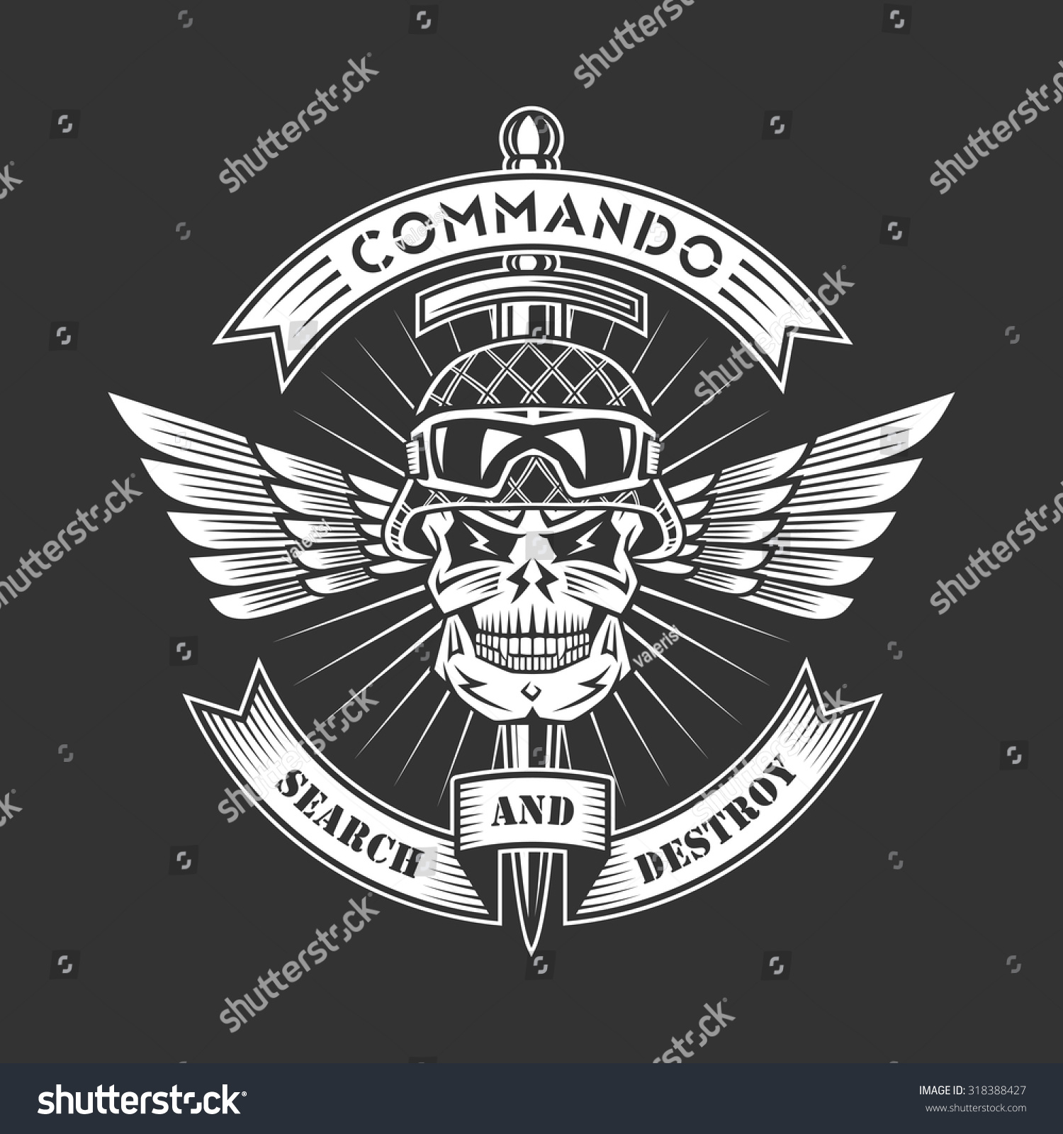 Military Vector Emblem With Skull, Ribbons, Wings, Dagger And Helmet ...