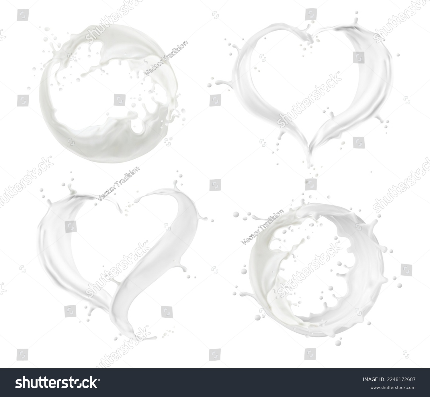 SVG of Milk or cream splash, circle and heart wave flow with realistic white drops. Vector 3d dairy food or drink swirls with milky or creamy smooth texture. Pouring milk heart and circle frames set svg