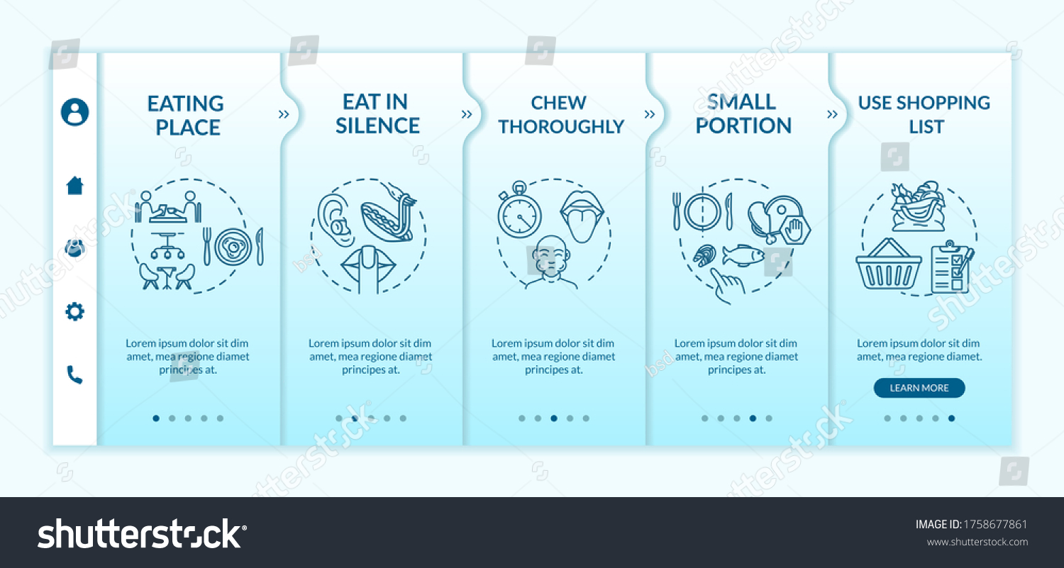 SVG of Mindful nutrition practice onboarding vector template. Eating in silence and chewing thoroughly. Responsive mobile website with icons. Webpage walkthrough step screens. RGB color concept svg