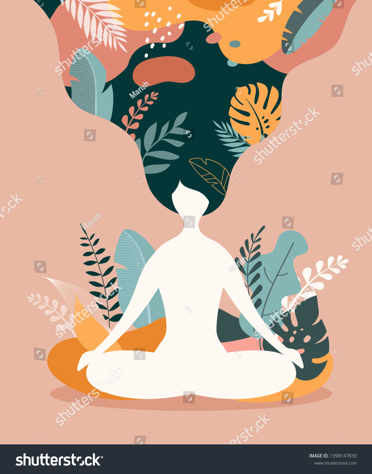 SVG of Mindfulness, meditation and yoga background in pastel vintage colors with women sit with crossed legs and meditate. Vector illustration  svg