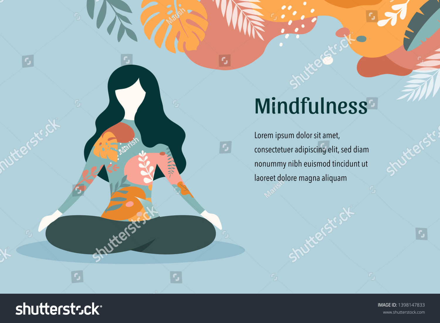 SVG of Mindfulness, meditation and yoga background in pastel vintage colors with women sit with crossed legs and meditate. Vector illustration  svg