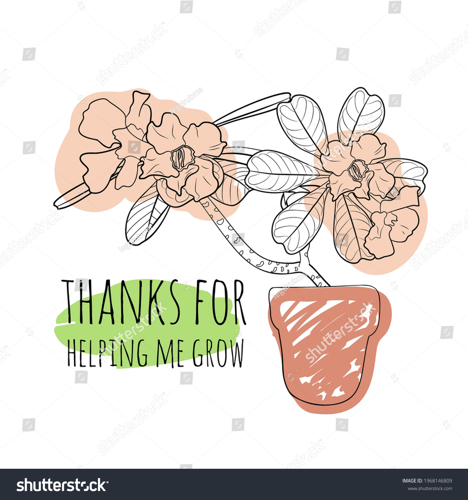 SVG of Minimalist boho illustration of quote thanks for helping me grow with black line art potted desert rose and abstract shapes background. Stock vector. svg