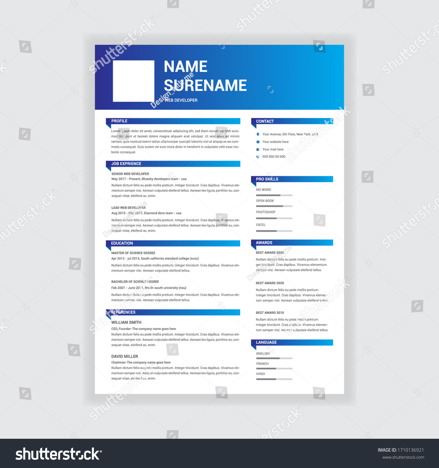 Minimalist Professional Resume Blue Gradient Color Stock Vector ...