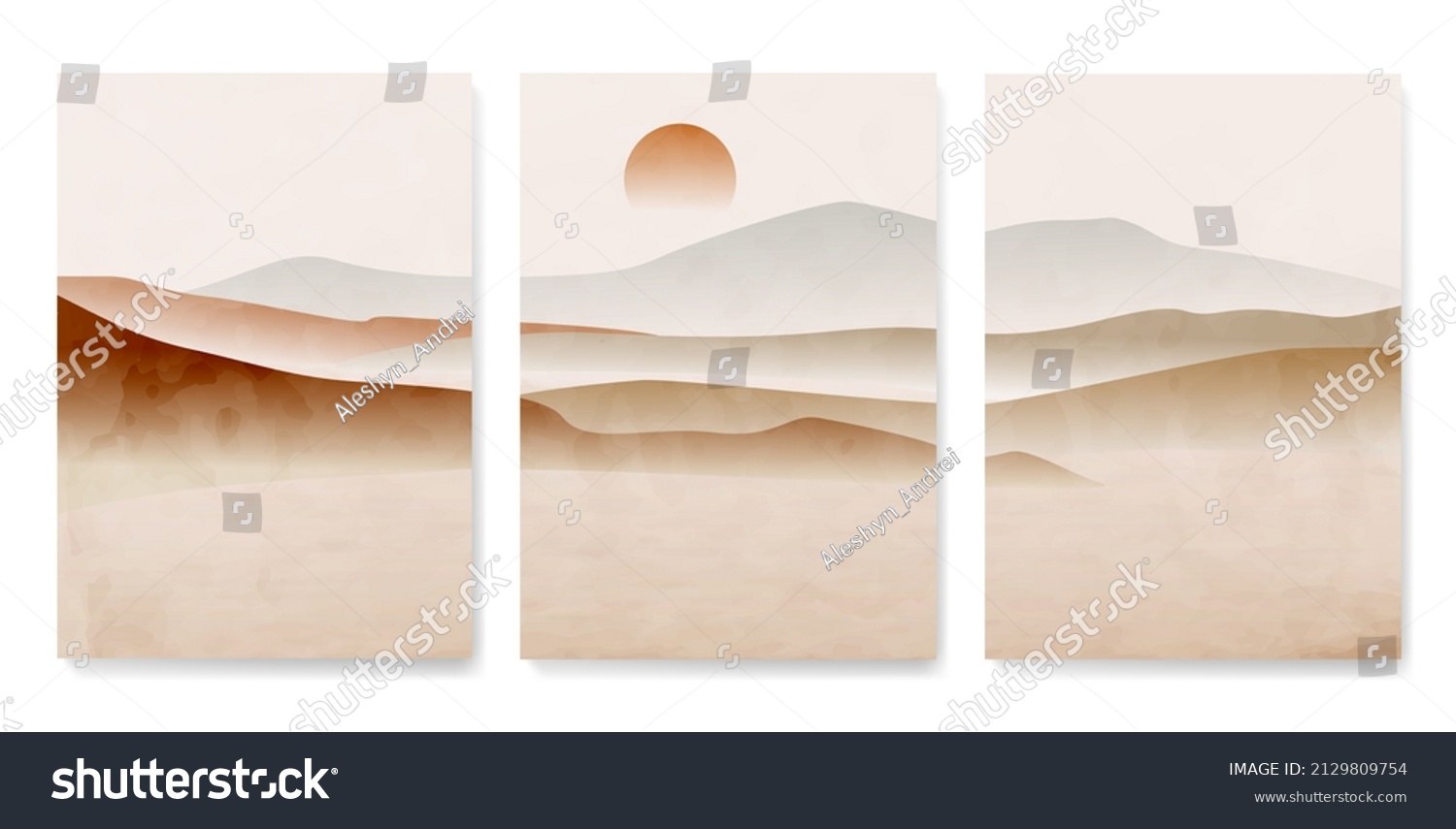 SVG of Minimalistic watercolor landscape design with mountains and dunes with sun. Vector art background for decoration, wallpaper, print svg