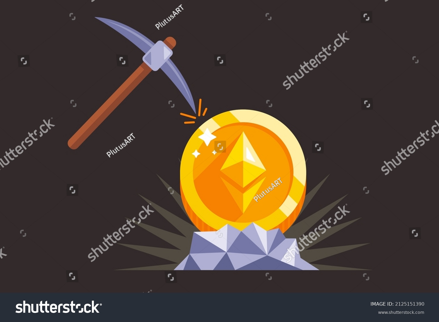 SVG of mining Ethereum using mining. the pickaxe hits the ethereum coin. flat vector illustration. svg