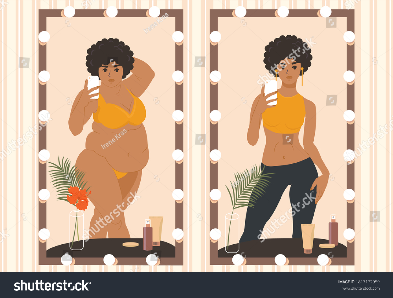 SVG of Mirror selfie. Overweight Problems. Weight loss and diet. Young fat and slim African American Girl taking a selfie on smartphone svg