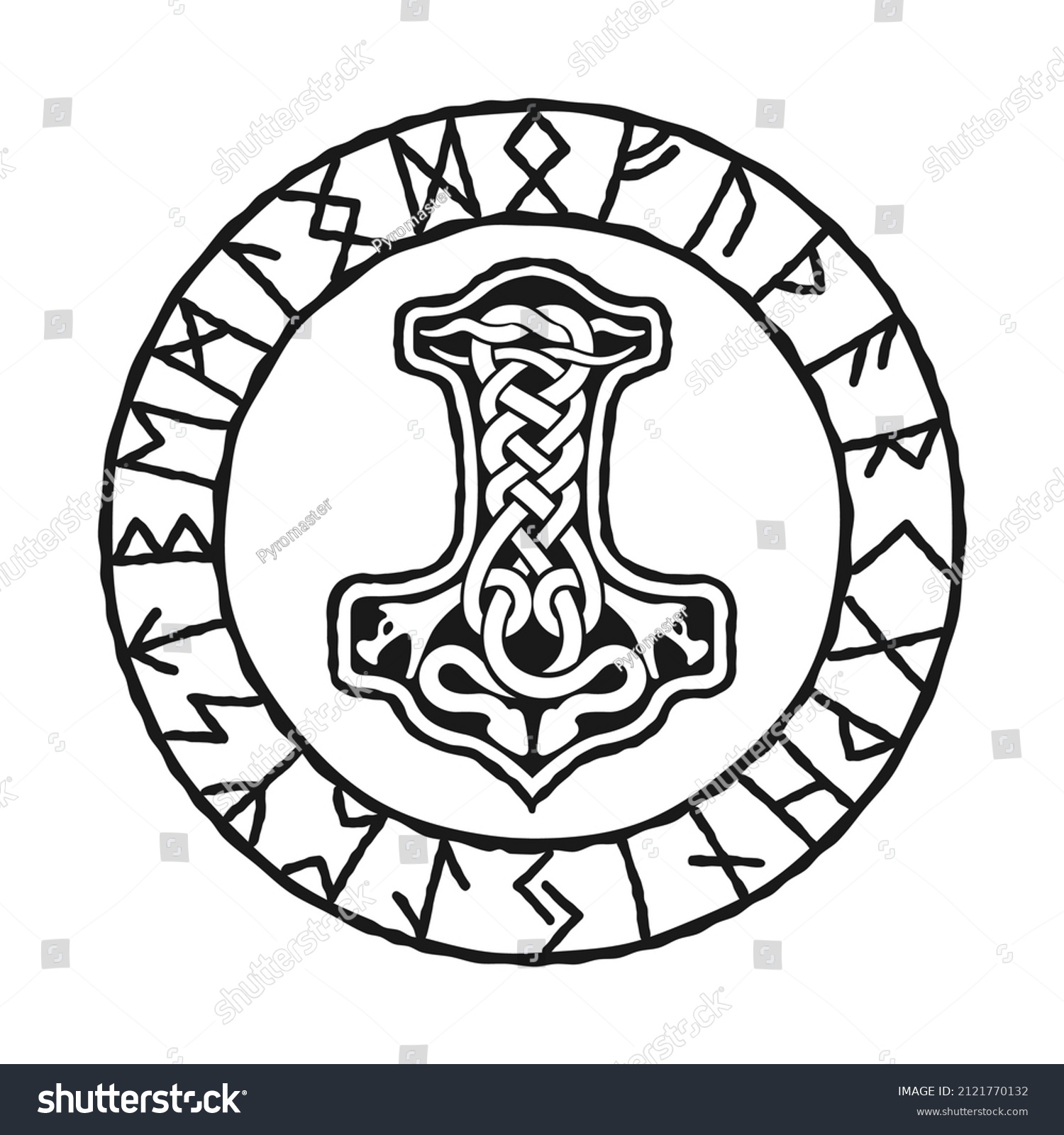 SVG of Mjolnir - Thors hammer, drawing in celtic knot design, and Norse runes circle, isolated on white, vector illustration. Viking style, design template svg