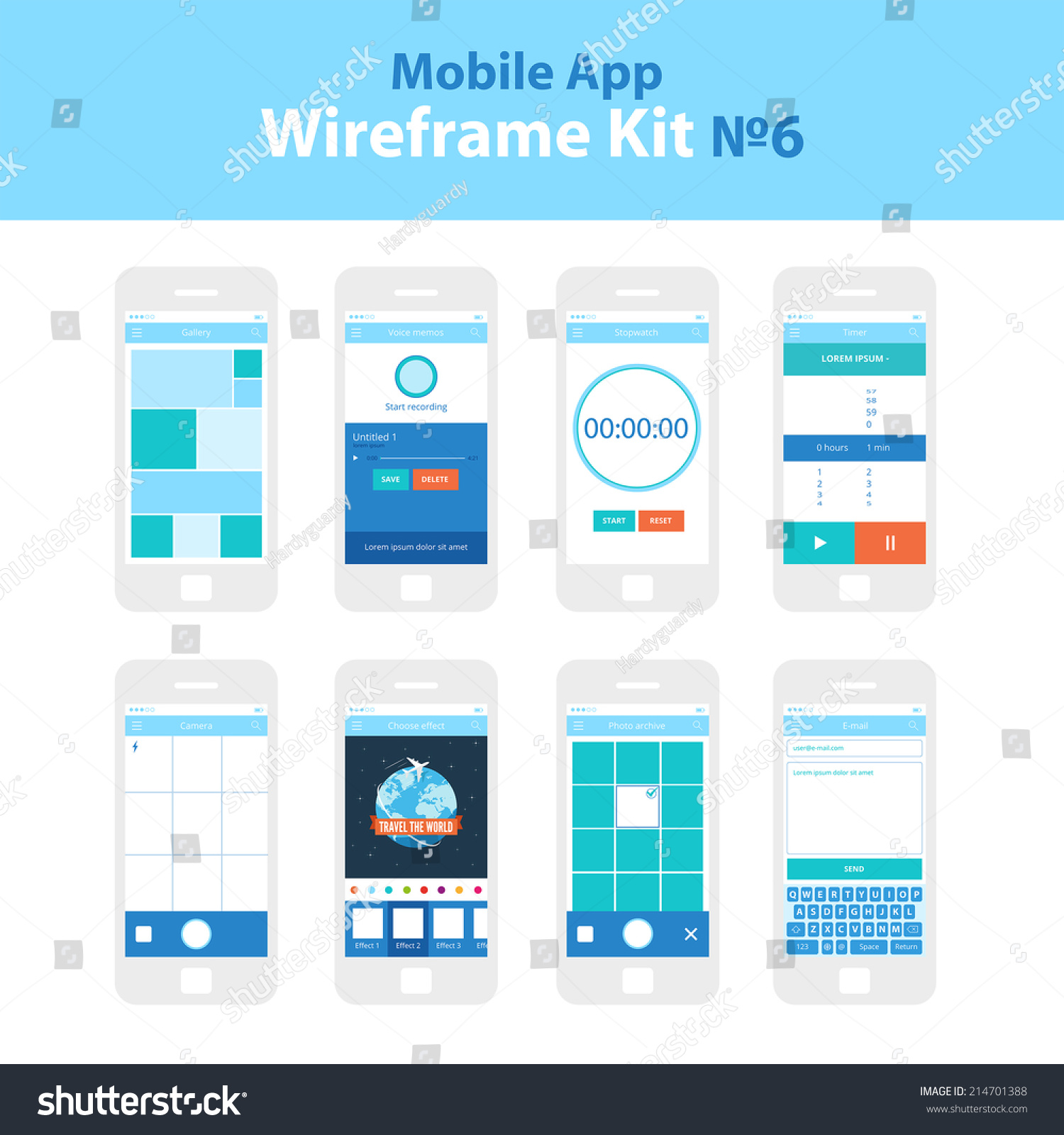 Camera Camera Timer App mobile app ui kit 6 gallery stock vector 214701388 shutterstock screen voice memos stopwatch screen