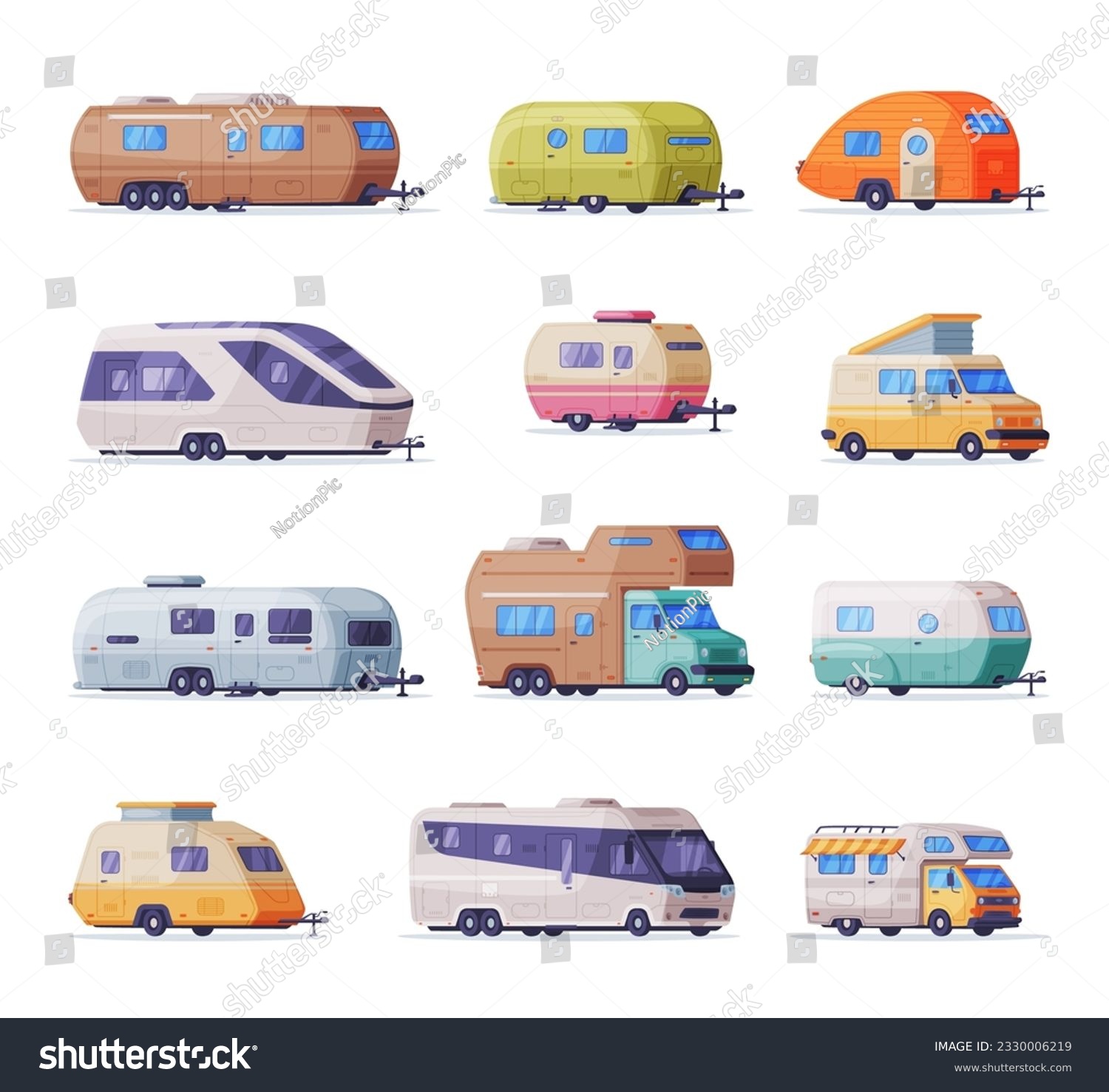 SVG of Mobile houses on wheels set. Side view of family camping recreational vehicles, RV trailers caravans vector illustration svg