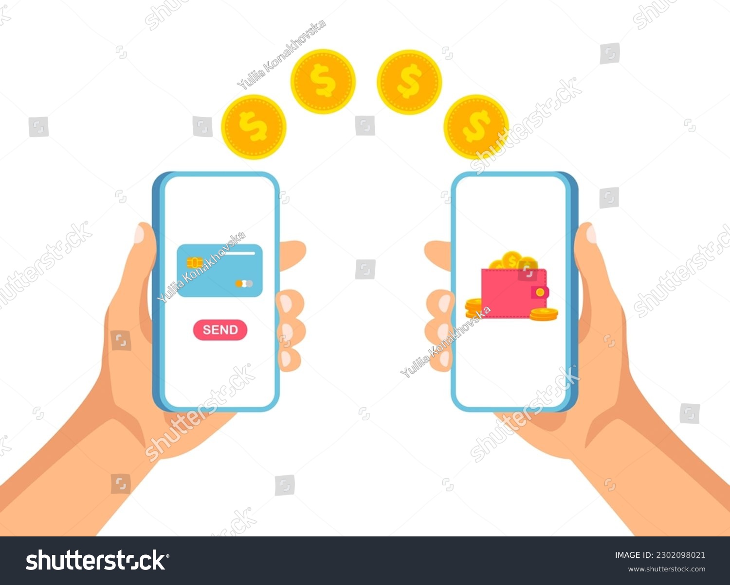 SVG of Mobile money transfer. Online payment between two smartphones. Banking app template. Hand holds smartphone and sending and receiving moneys wireless. Vector illustration isolated on white. svg