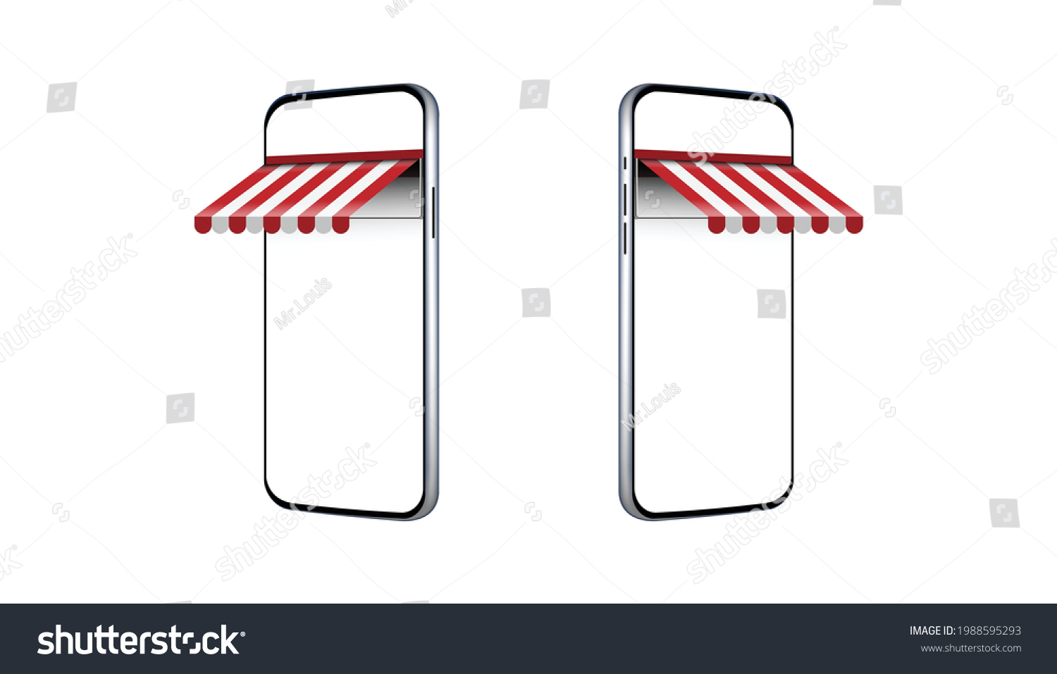 SVG of Mobile smart phone mockup left and right with store awning , Restaurants supermarket store , Retractable Patio Awnings red and white colored , vector illustration svg