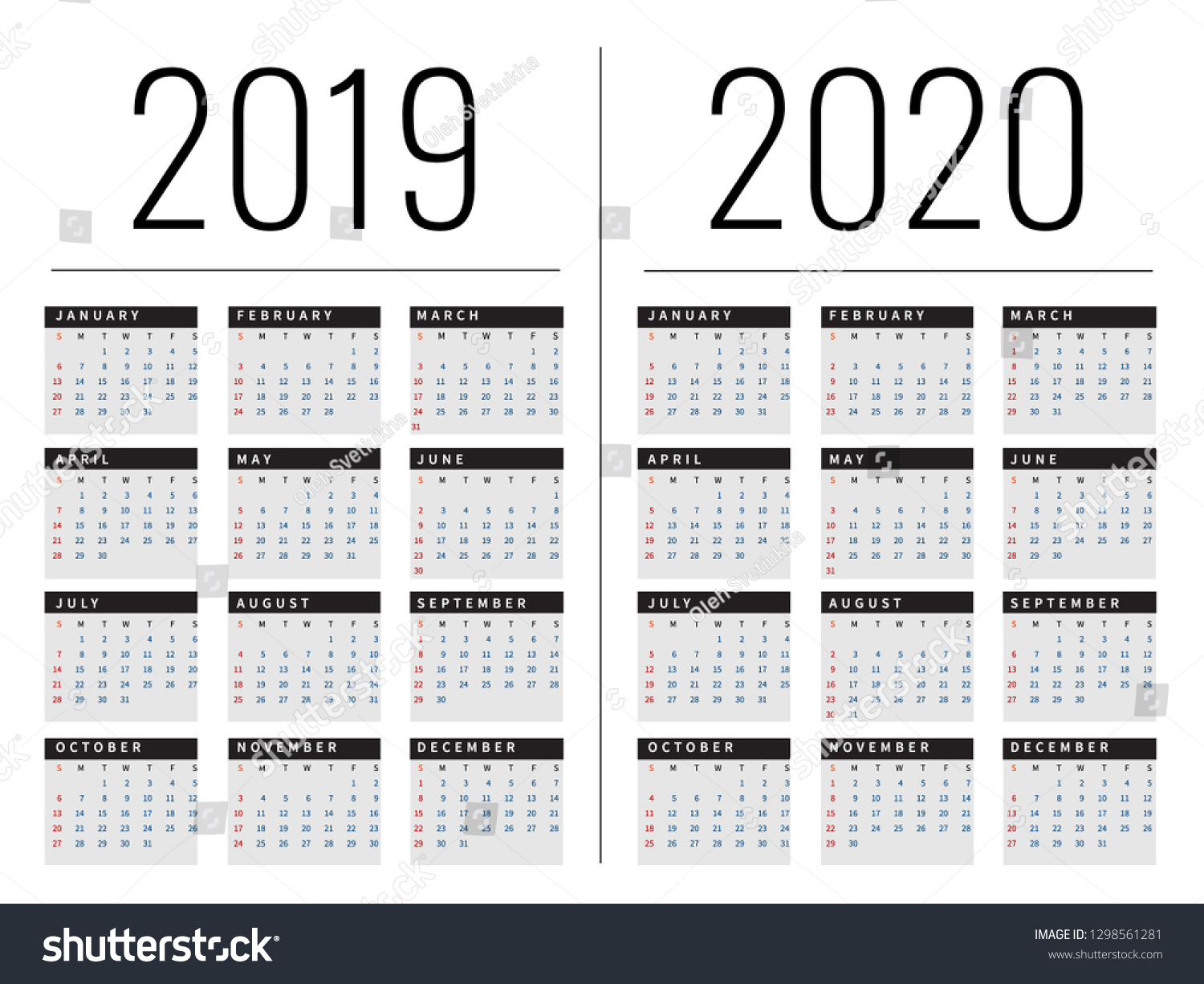 Mockup Simple Calendar Layout 2019 2020 Stock Vector (Royalty Free ...