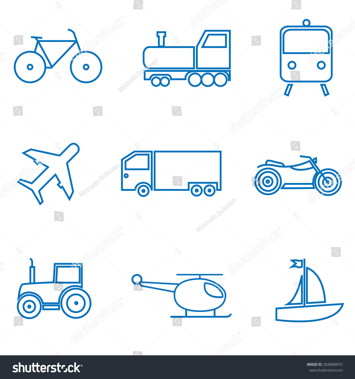Mode of transport. Car, train, plane, bike, truck, tractor icon