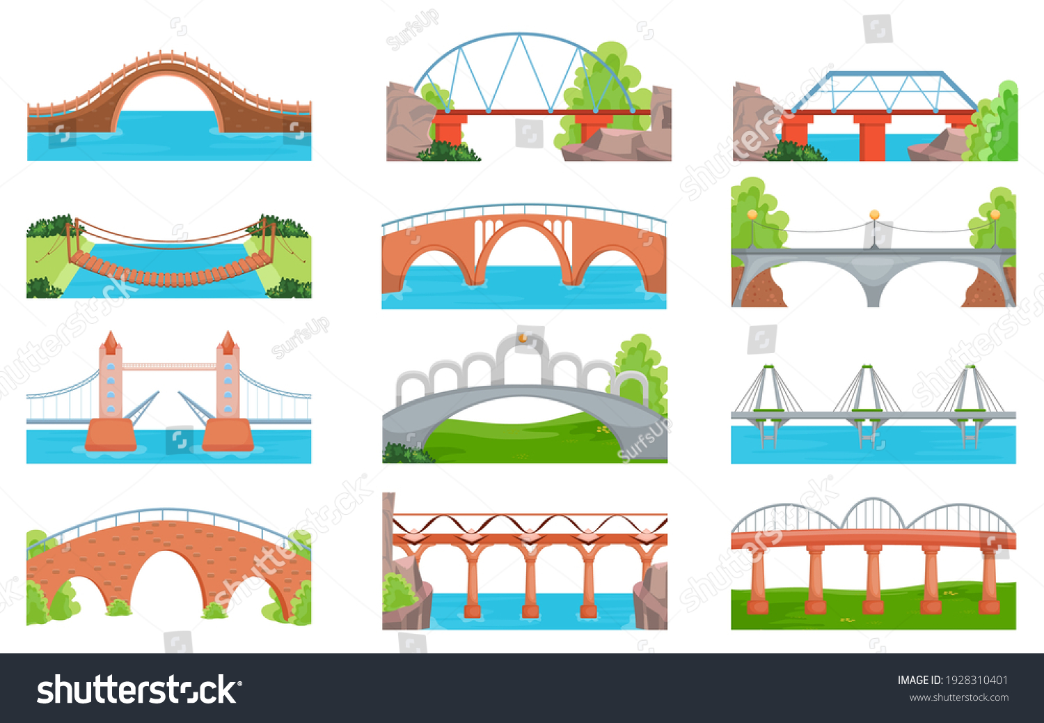 SVG of Modern and traditional bridges set. City and countryside crossovers, arch constructions over rivers or landscapes, aqueducts. Vector illustrations for architecture, transportation, engineering concept svg