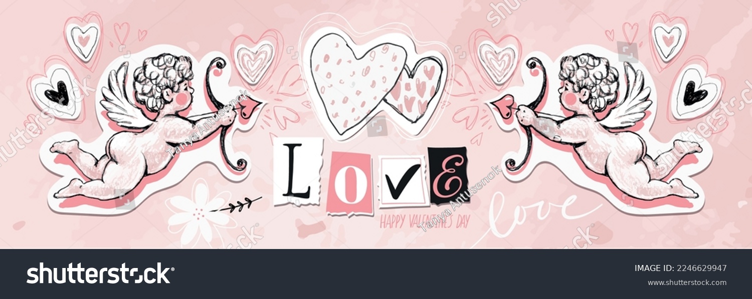 SVG of Modern banner for wedding, date night, valentines day romantic banner. Two cupids, the word love and two hearts on a pink background. Vector illustration for a dating site. svg